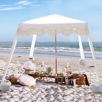 AMMSUN Beach Cabana with Fringe & Wood Pole 7 x 7 Boho Canopy | Tassels Easy Installation UV50+ Protection Easy to Carry in Bag Unique for Special Occasions and Parties, Elegant White