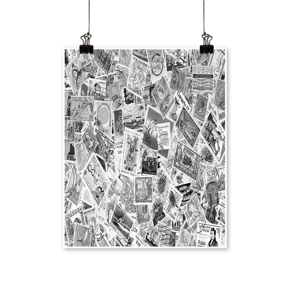 Canvas Painting Black and White Image Large Postage Stamps Travel Hobby Theme Grey Home Decor on Canvas,24" W x 40" L/1pc(Frameless)