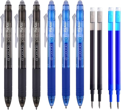 ParKoo Bolígrafos de gel retráctiles borrables de punta fina de 0.028in, desaparece los errores, 3 bolígrafos de tinta negra3 azules con 4 recambios