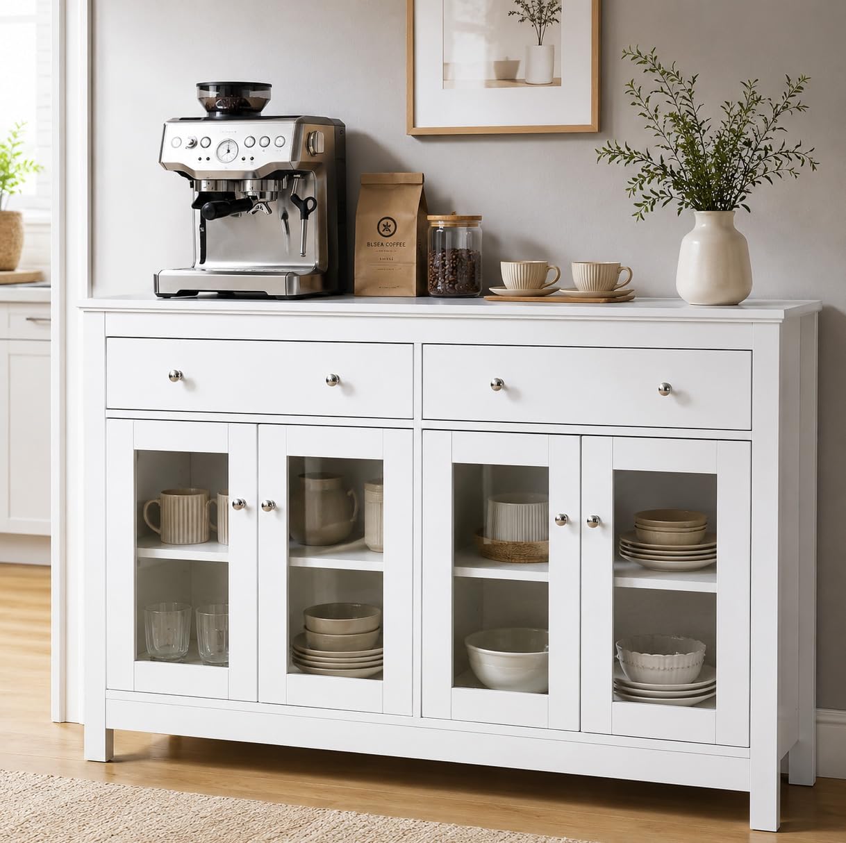 Aparador Blanco de Cocina, Mueble Auxiliar Moderno con Puertas de Vidrio y Alacena Grande con Cajones para Salón o Comedor 140x40x90.7cm