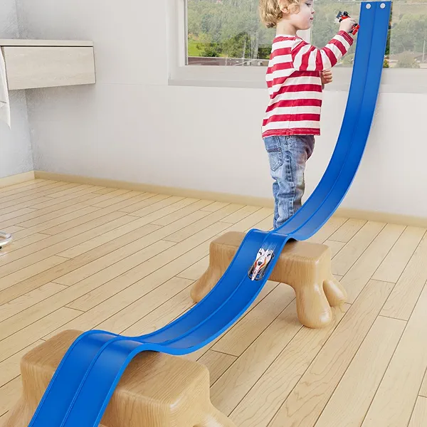 15 Ft Flexible Race Car Track for Kids, Double-Sided Racetrack for 1:64 Diecast Cars Toys, Rolls Up Portable Race Tracks with 4 Car & Suction Cups, Birthday Gifts for Boys Girls Ages 3-5 5-7, Blue