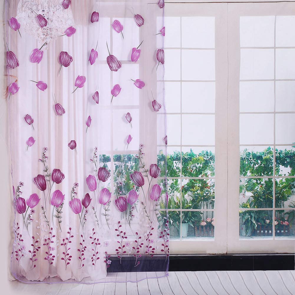 Regun Purpul Colorful Tulips Floral Printing Tulle Voile Curtains Sheer Drape Balcony Door Room Dividers Scarf Valances Pastoral Decorative Window For Balcony Living Room Bedroom Kitchen, 100 * 200Cm (Purple)