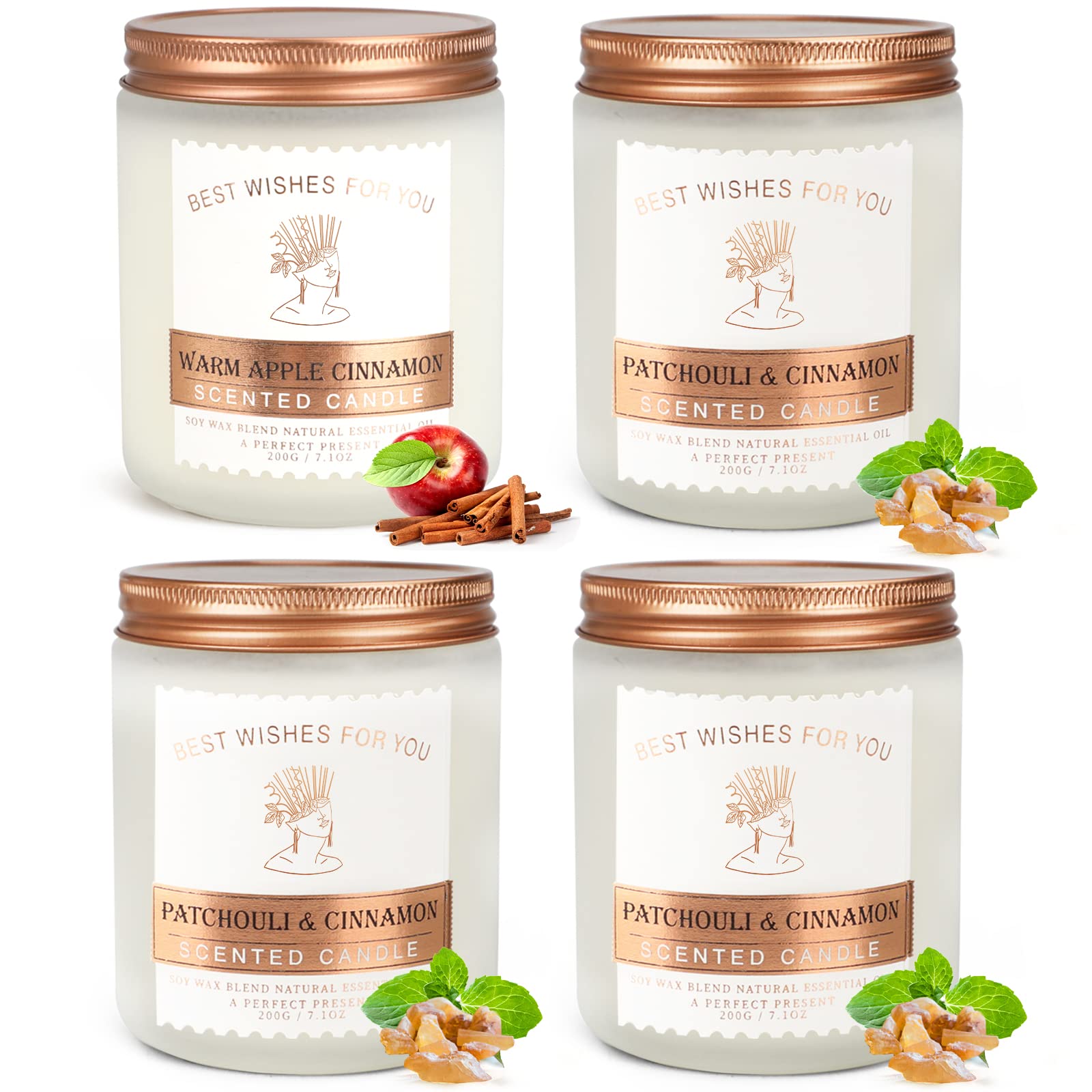 4 Pack Candles for Home Scented, Scented Candles Gifts for Women, 4 x7 oz 200 Hour Burn Soy Candles, Aromatherapy Candles, Apple Cinnamon & Patchouli Cinnamon Candle Set for Women Men Birthday Gifts