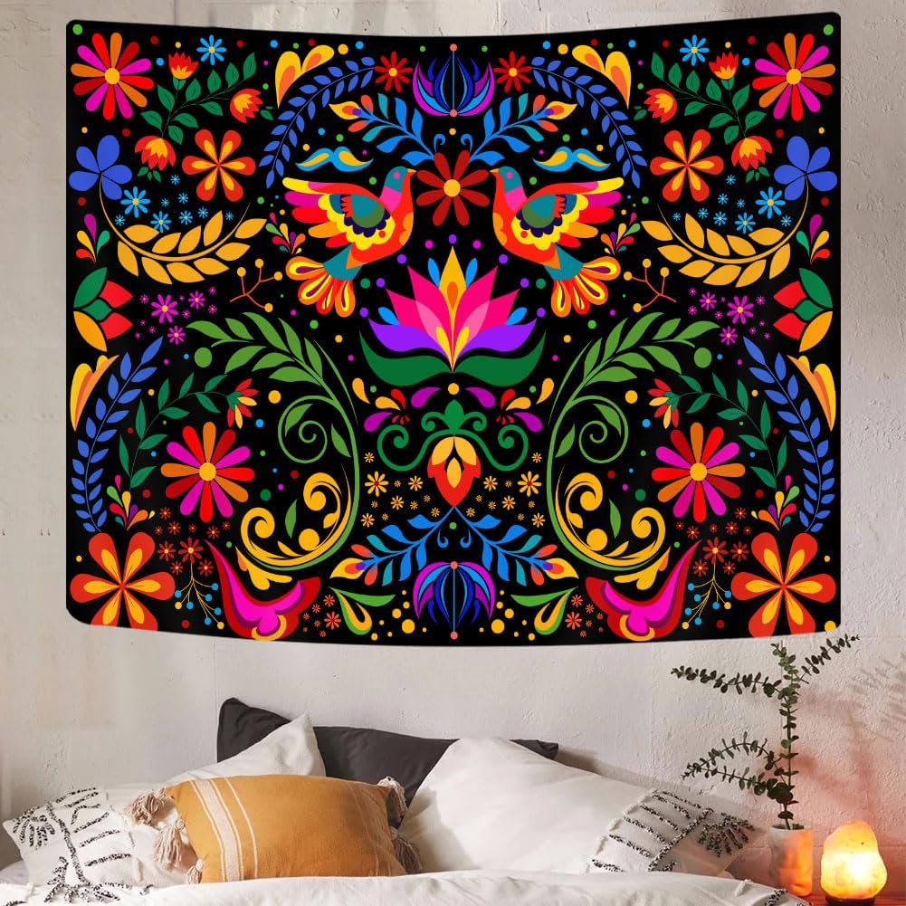 GOAOK Mexico Floral Tapestry, Colorful Mexico Flowers Bird Traditional Aesthetic Hippie Tapestries, Mexican Ornate Ethnic Pastel Plant Tapestry Wall Hanging for Bedroom Living Room 60"x40"
