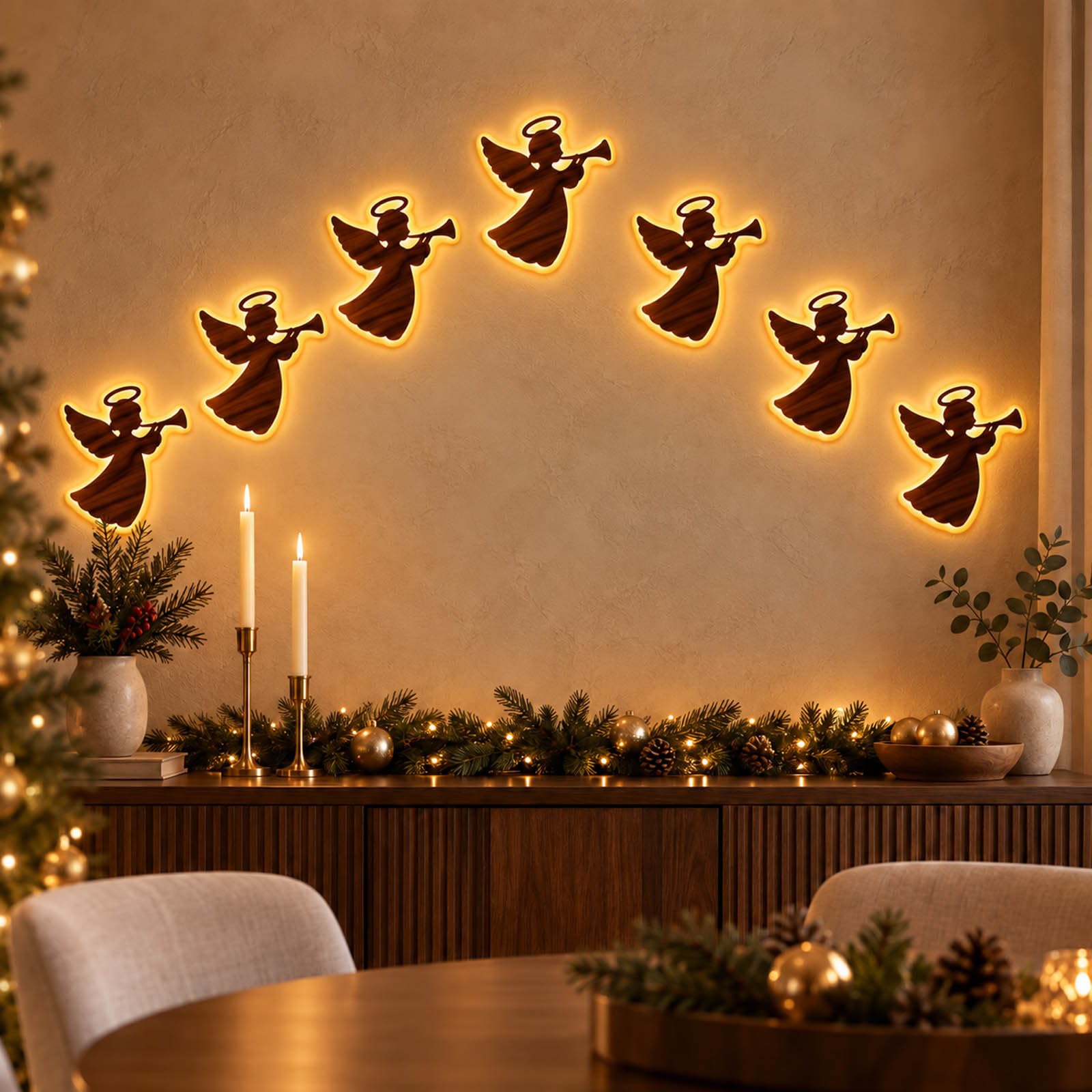 7pcs 3D Light Up Wooden Angel Christmas Wall Decor with Warm LED
