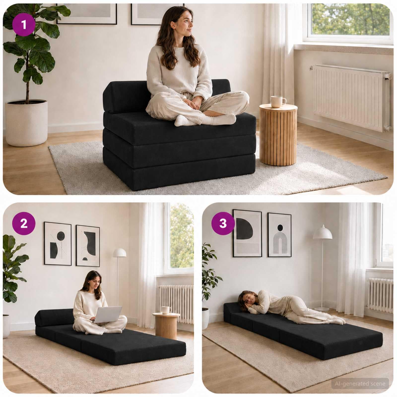 Sofa rozkładana, czarna, 200 x 70 x 10 cm, aksamitna, z funkcją spania, do salonu, pokoju gościnnego i biura, rozkładana, nowoczesny skandynawski design, trwała poszewka, elastyczne
