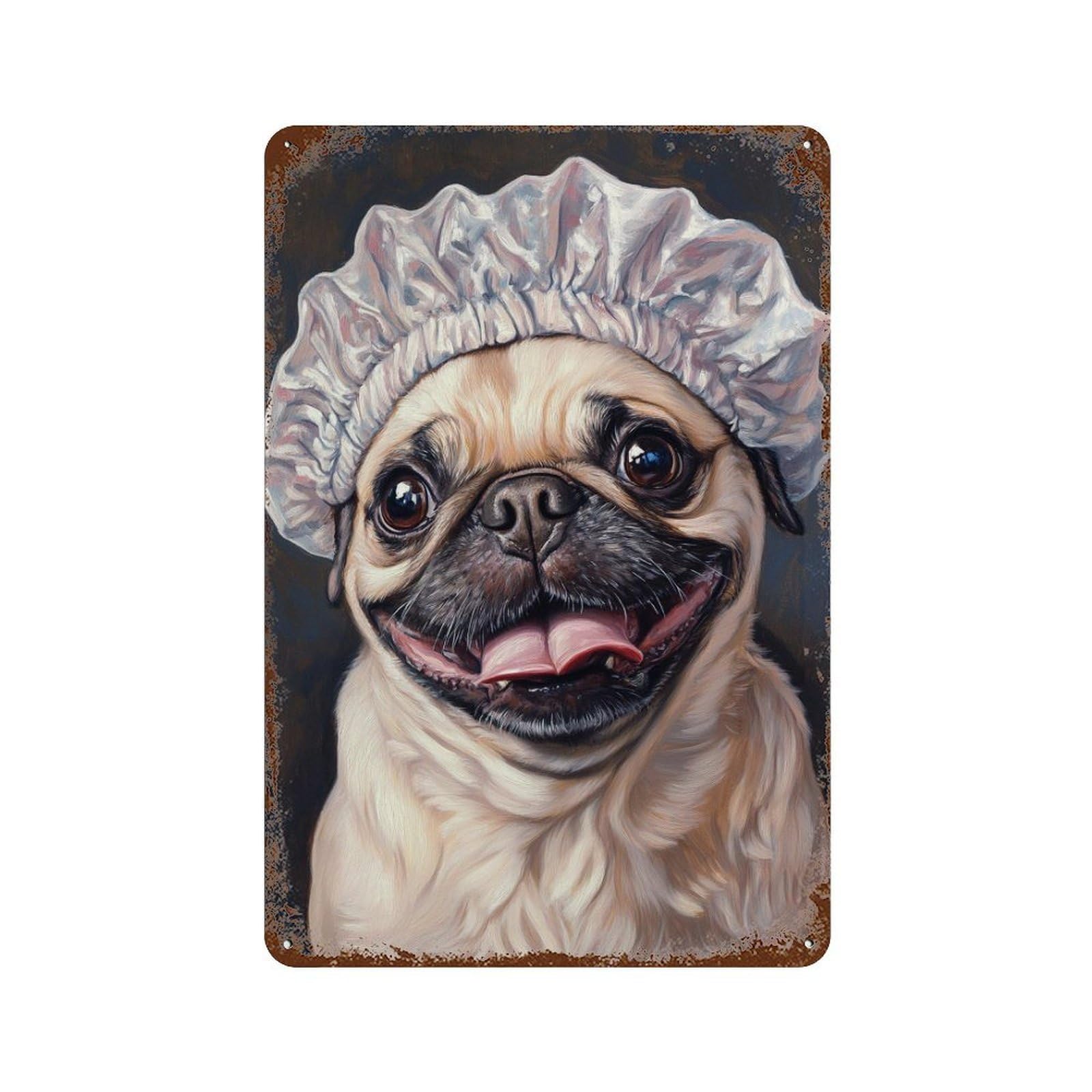 Pug Dog Bath Cap 11.8"x7.9" Aged Metal Wall Plaque, Retro Wall Decor for Farmhouse, Kitchen And Entryway Decor