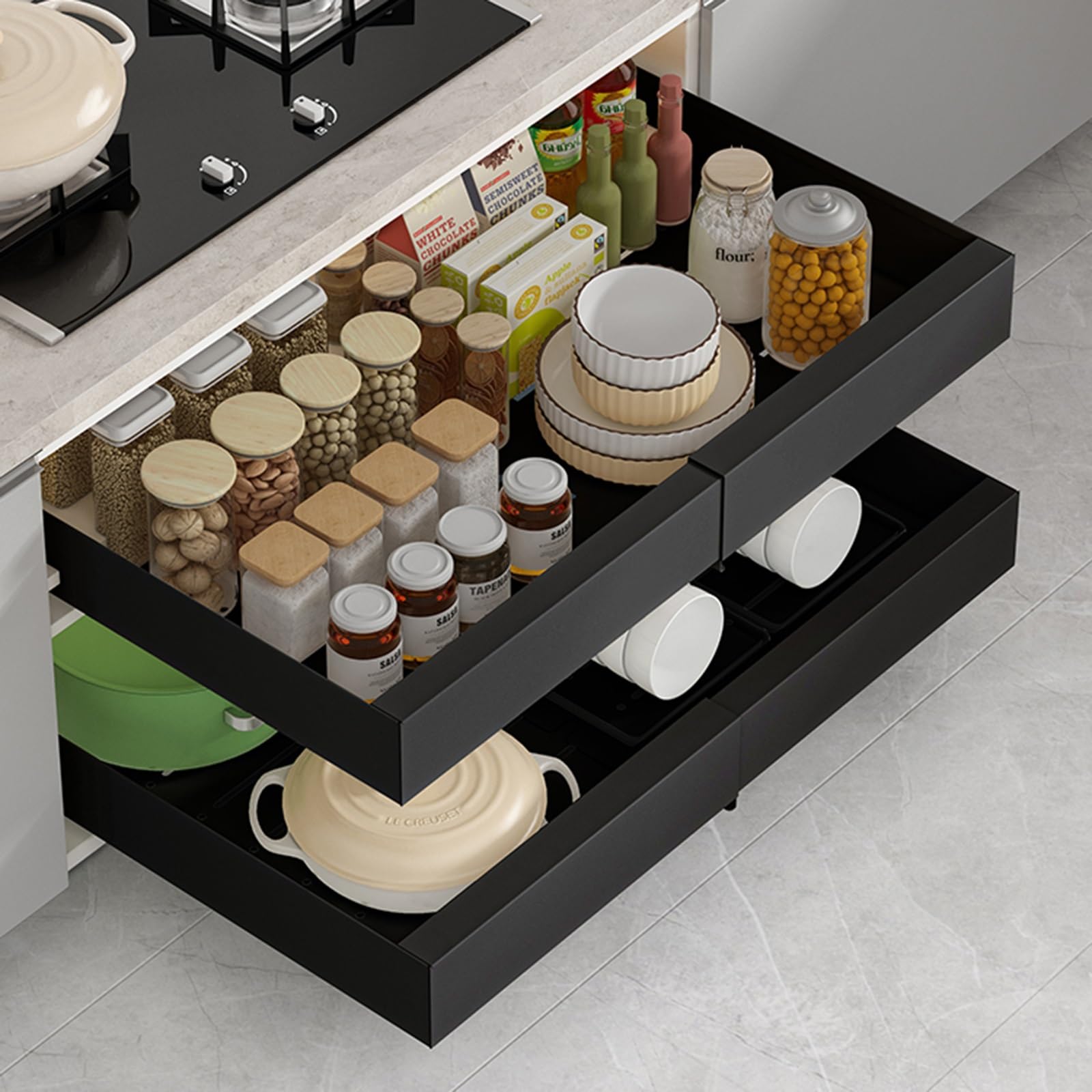 Organisateur d'armoire extensible pour optimiser les placards de cuisine profonds