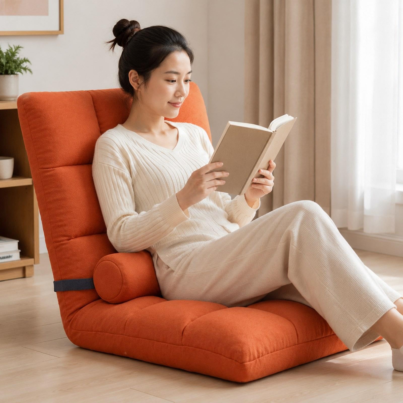Silla Plegable de Suelo con Respaldo Reclinable, Silla Gaming, Sofá Ajustable, Asiento Suave, Hecha de Franela Y Esponja, Adecuada para, Naranja, Individual