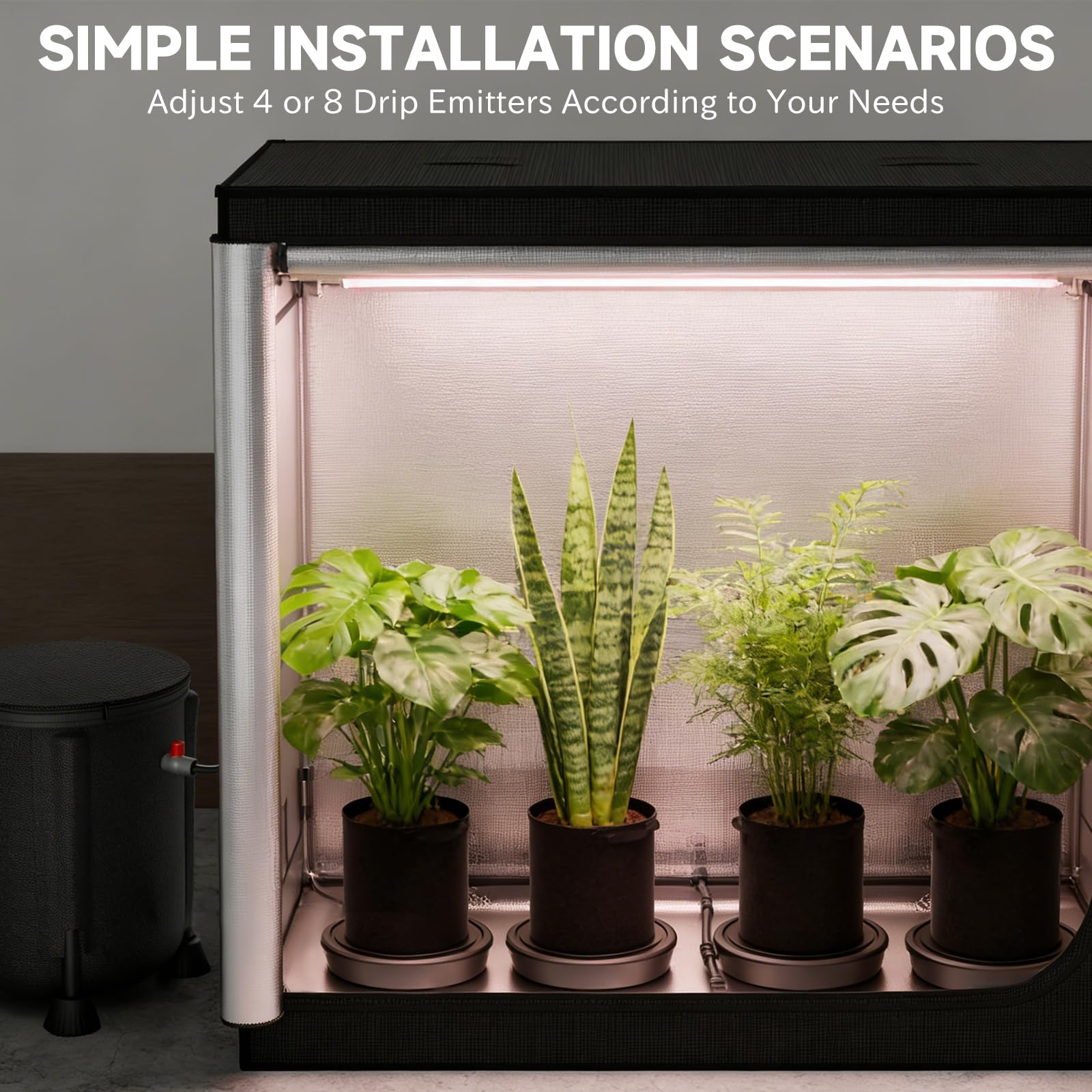 Impianto di irrigazione delle Piante, Kit irrigazione a Goccia con 50L Secchio pieghevole, Pompa dell’acqua da 25W, 8 ugelli a goccia, impianto irrigazione Balcone terrazzo Giardino