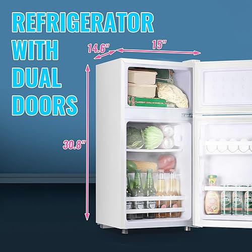 Miniatura 5 de Mini refrigerador retro con congelador, refrigerador pequeño de doble puerta tamaño apartamento con bandeja para huevos, refrigerador dormitorio con