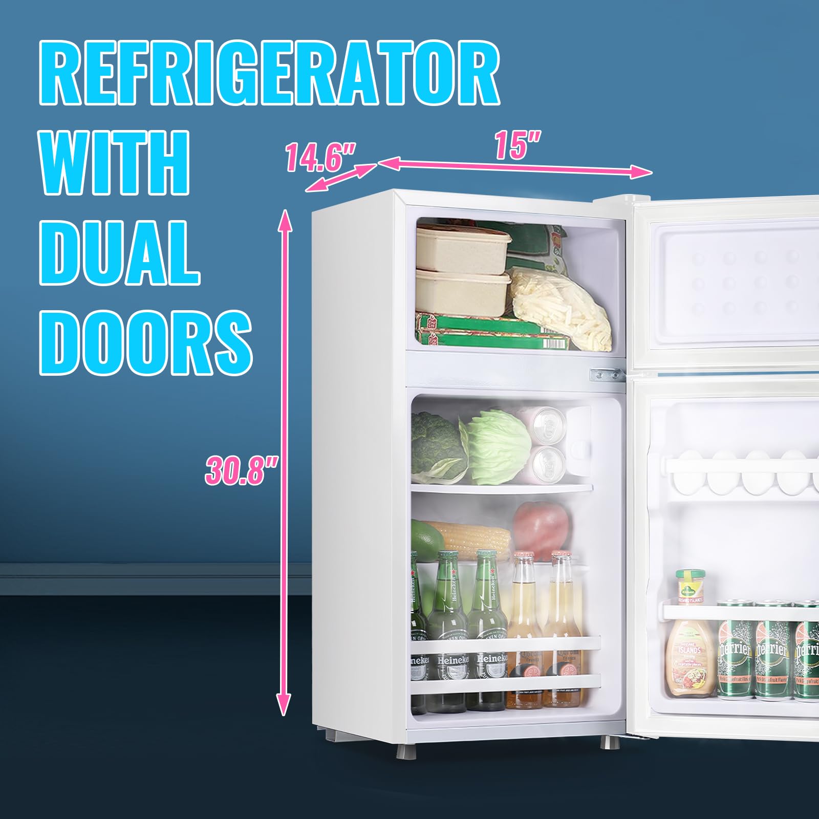 Demuller Retro Mini Fridge With Freezer Dual Door Apartment Size Small Refrigerator With Egg Tray, Dorm Fridge With Removable Plastic Shelves, 2.4cu.Ft, 14.96" D X 14.57" W X 30.8" H, White on Fridge.com - View 5
