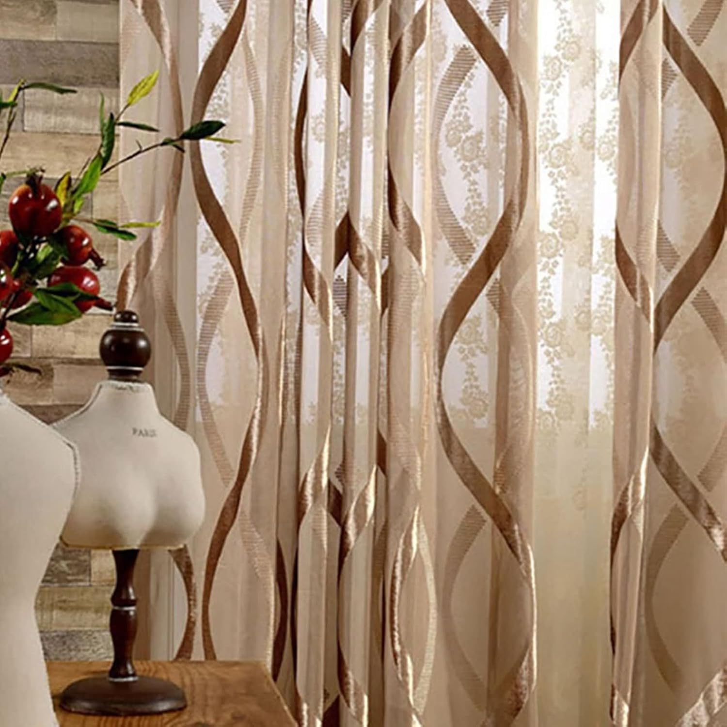 Living Room Curtains Sheer 2 Panel Sets 2 x 52 W x 62" H,Bedroom Curtains Sheer Brown Geometric Drapes with Hooks