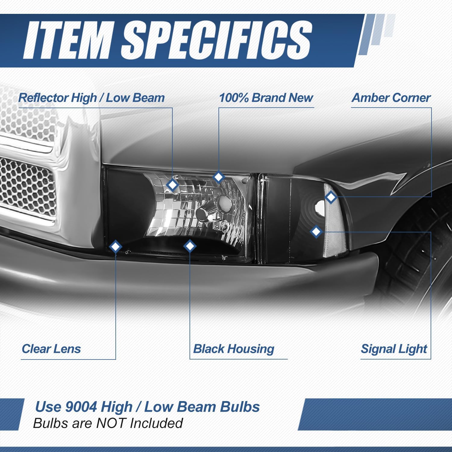 Auto Dynasty Headlights Assembly Compatible with 1994-2002 Dodge Ram 1500 2500 3500 Non-Sport, 4Pcs Driver and Passenger Side Halogen Headlamps Replacement w/Corner Lamps, Black Housing Clear Corner