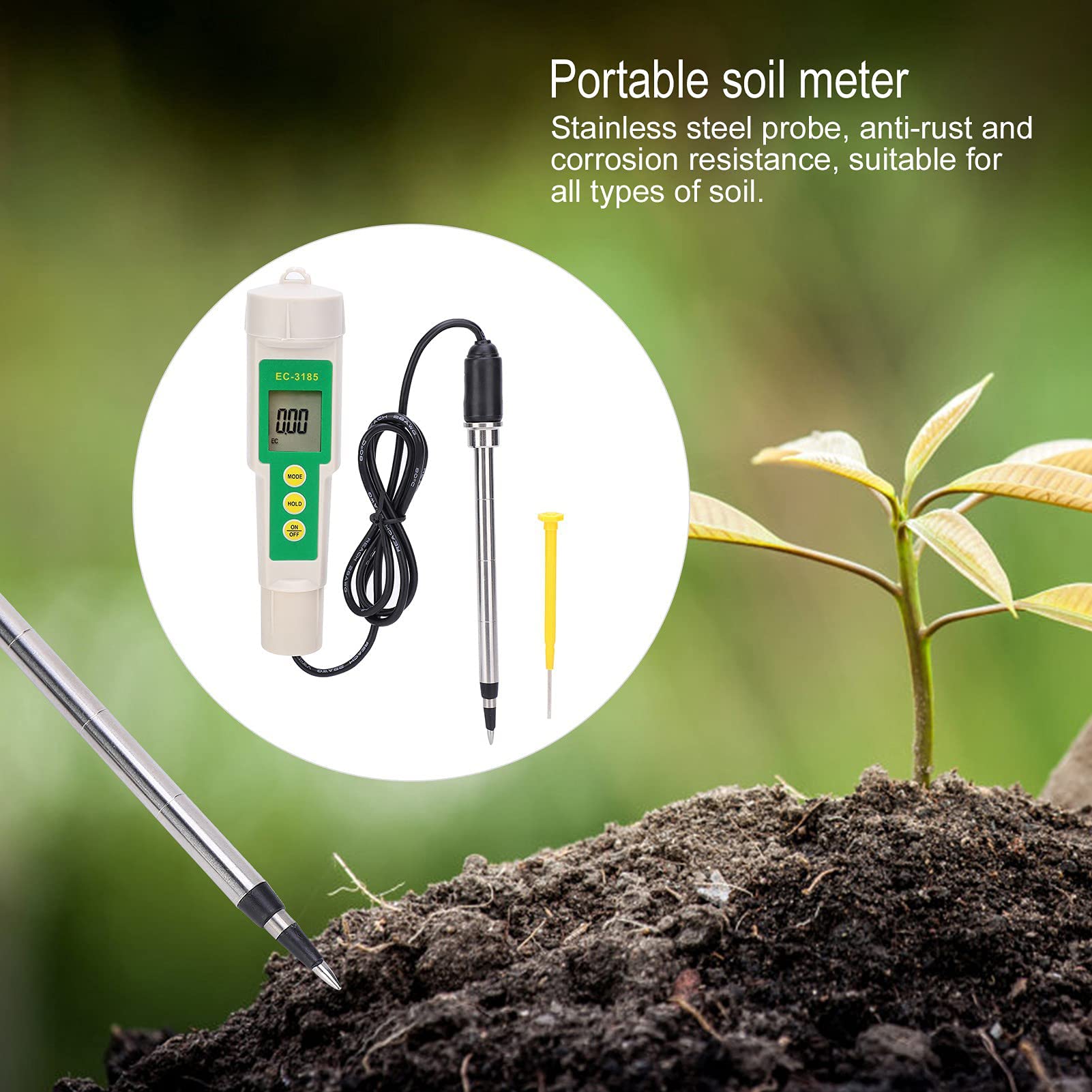 LiebeWH Medidor de Suelo Portátil 3 en 1 EC CF TDS con Sonda de Acero Inoxidable Pantalla de Visualización para Medición de Salinidad en Agricultura y Jardinería