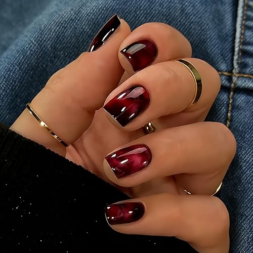 KQueenest Dark Red Press on Nails Short Square, Glossy Short