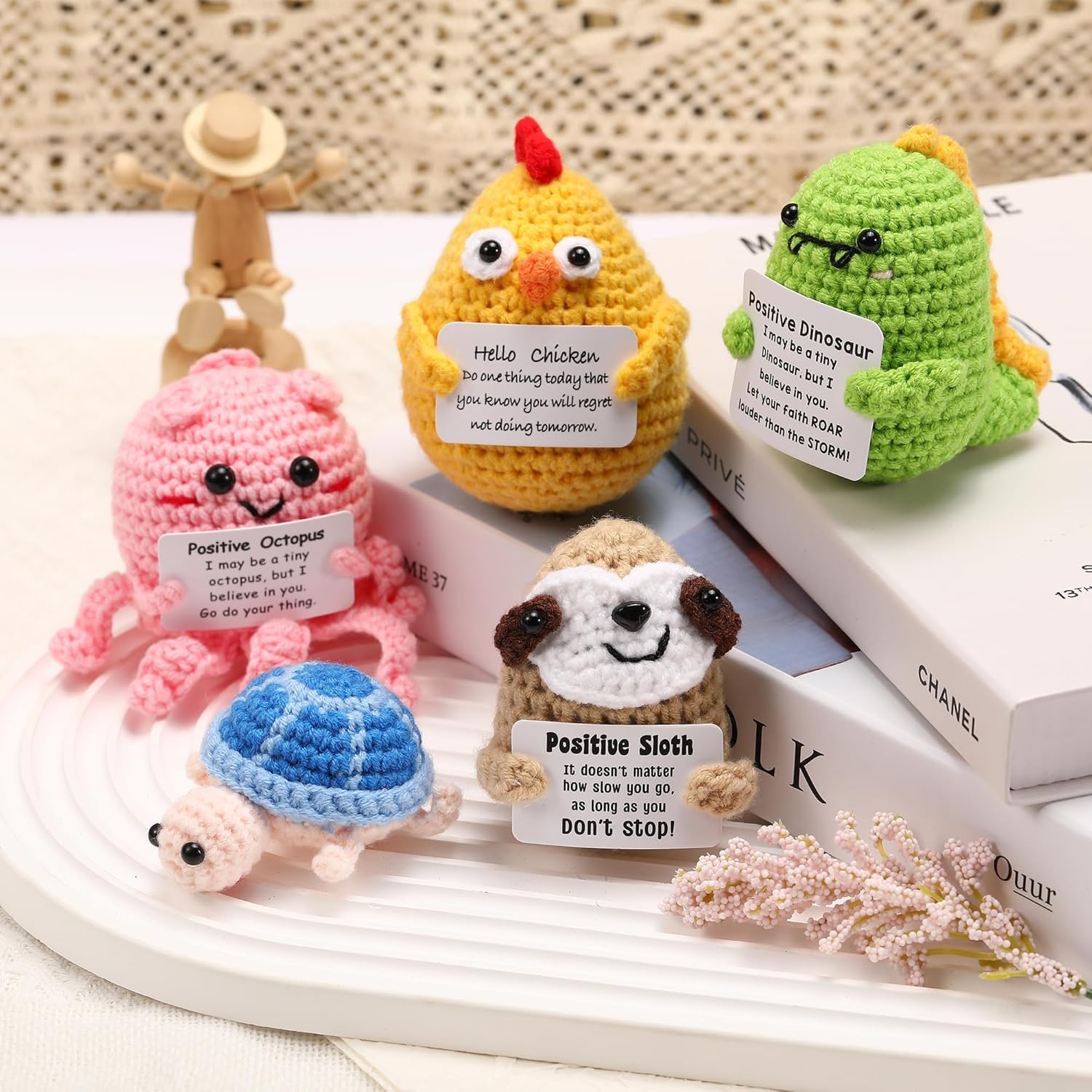 5PCS Emotional Support Crochet Animals Doll, Positive Crochet Animals with Positive Card Handmade Knitted Dolls Plush Cheer Up for Christmas Birthday Gifts Cute Home Room Decor - Image 6