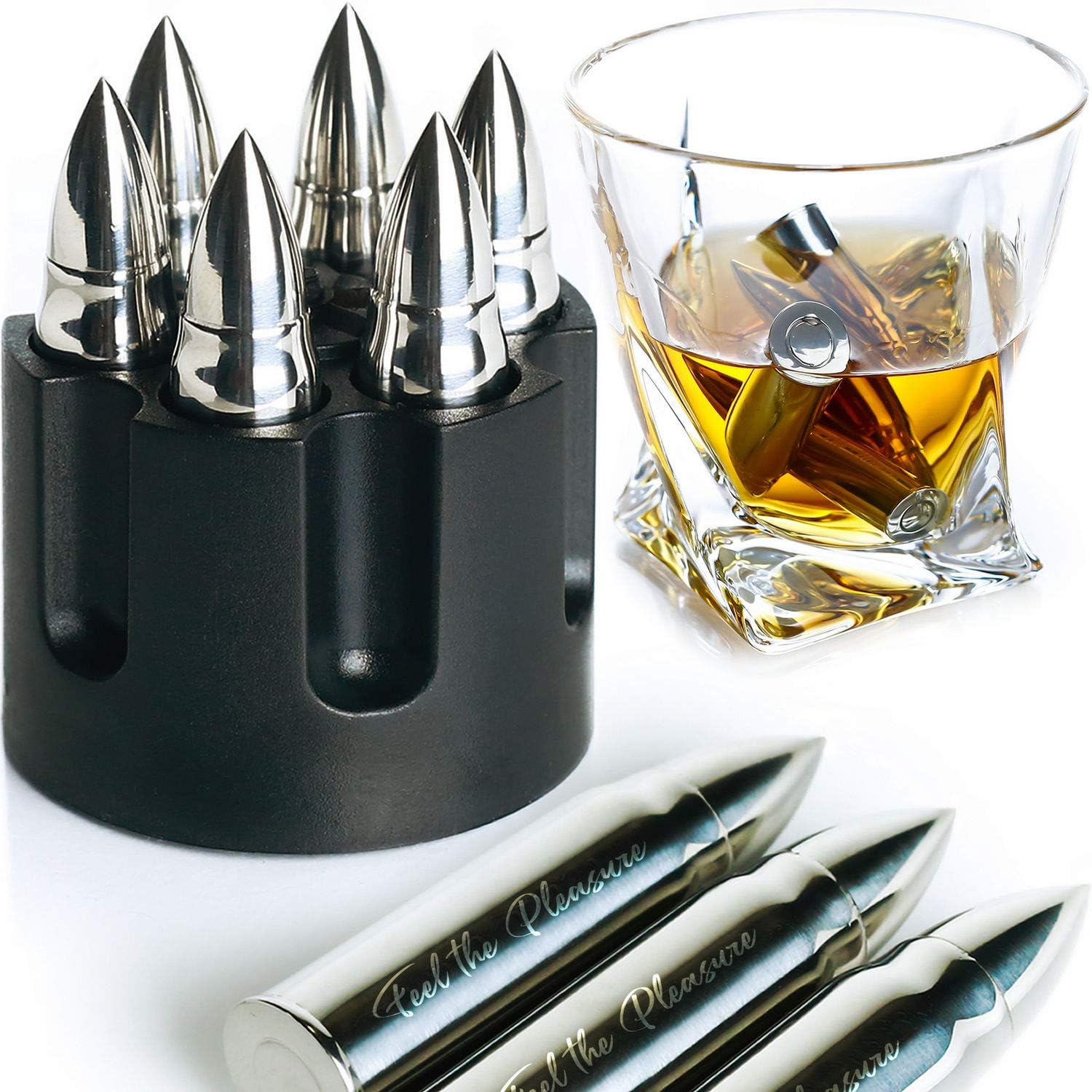 WHISKEY STONES EXTRA LARGE 6 PCS. STAINLESS STEEL SILVER BULLETS with Revolver Barrel Base Laser Engraved Ice Cubes Chillers Reusable Chilling Rocks Stone Gift Set for Men Father's Day Military Man.