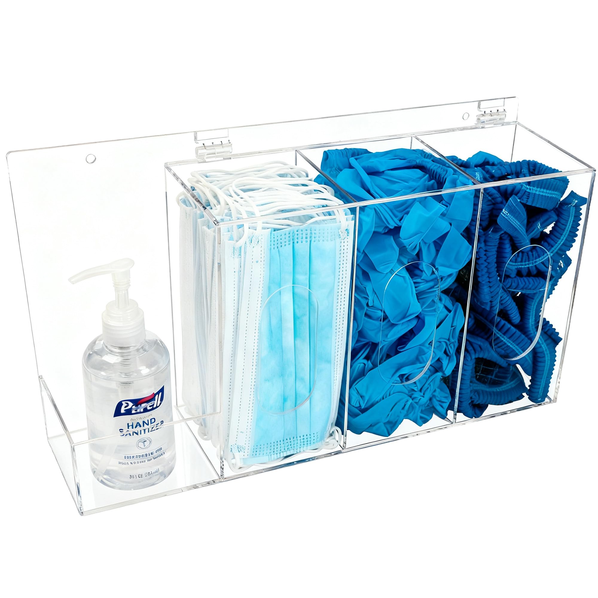 SEANADO Dispensador de guantes y desinfectante de manos con tapa, acrílico transparente, para montaje en pared o como expositor de mesa con 4 compartimentos para mascarillas, cubrezapatos, redecillas