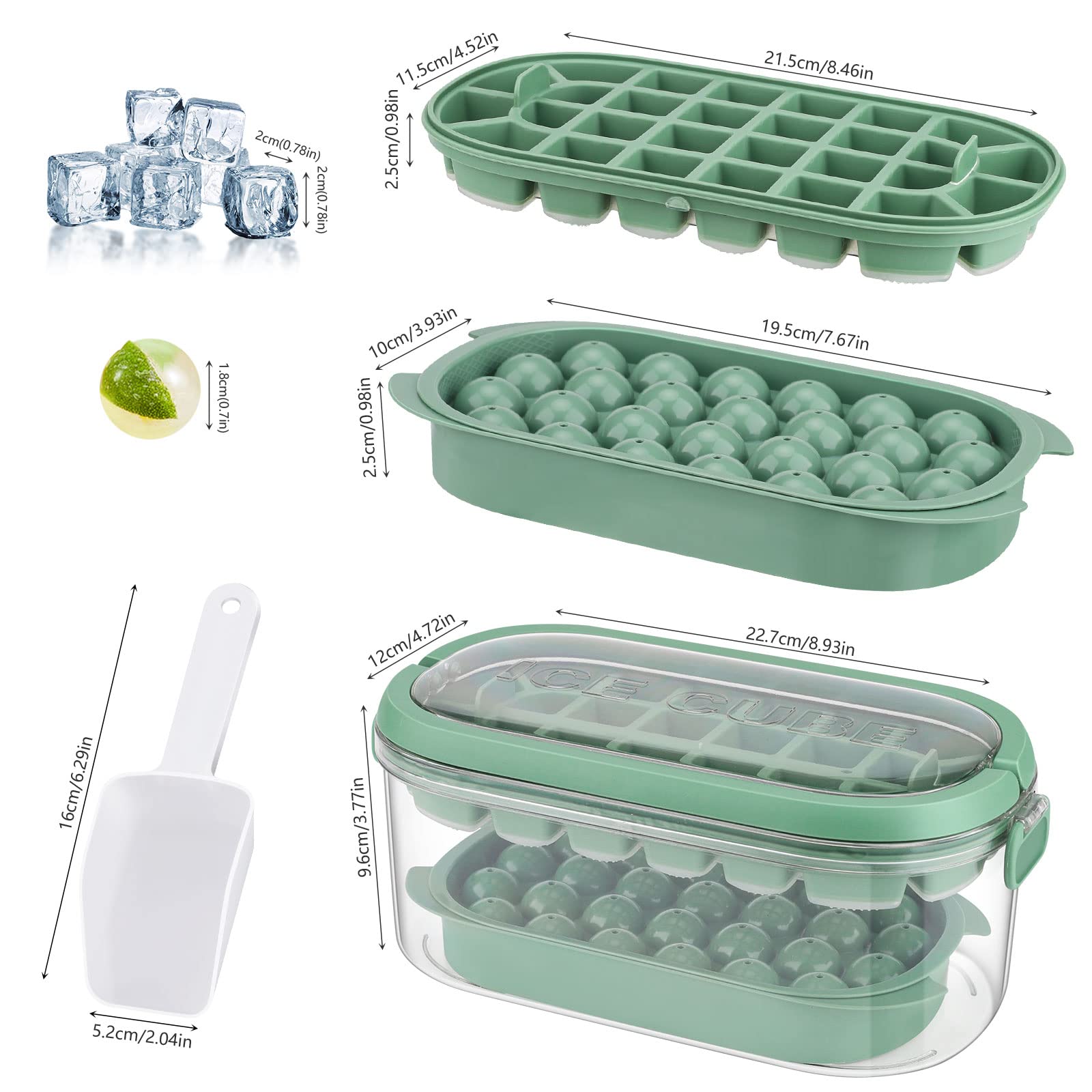 Cubiteras para Hielo de Silicona con tapa y recipiente, Moldes redondos y cuadrados de 54 piezas + pala - Perfectos para Bebidas y Congelador