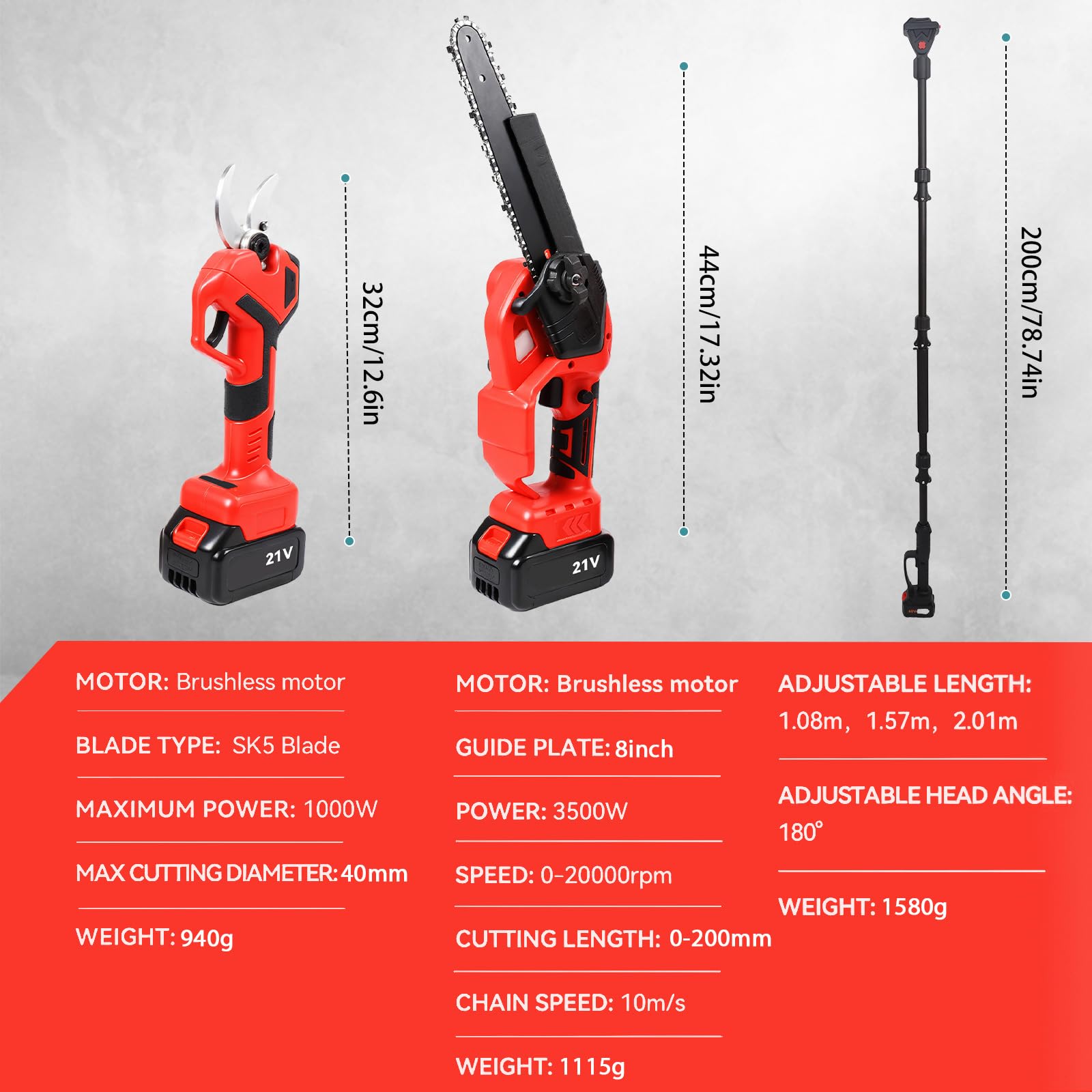 Motosierra Telescópica de 8 Pulgadas & Tijeras de Podar Eléctricas de 40 mm, Herramientas de Jardín 4 en 1,con 2 Baterías, ángulo Ajustable a 180°, Altura de Trabajo de Hasta 4,5 m.