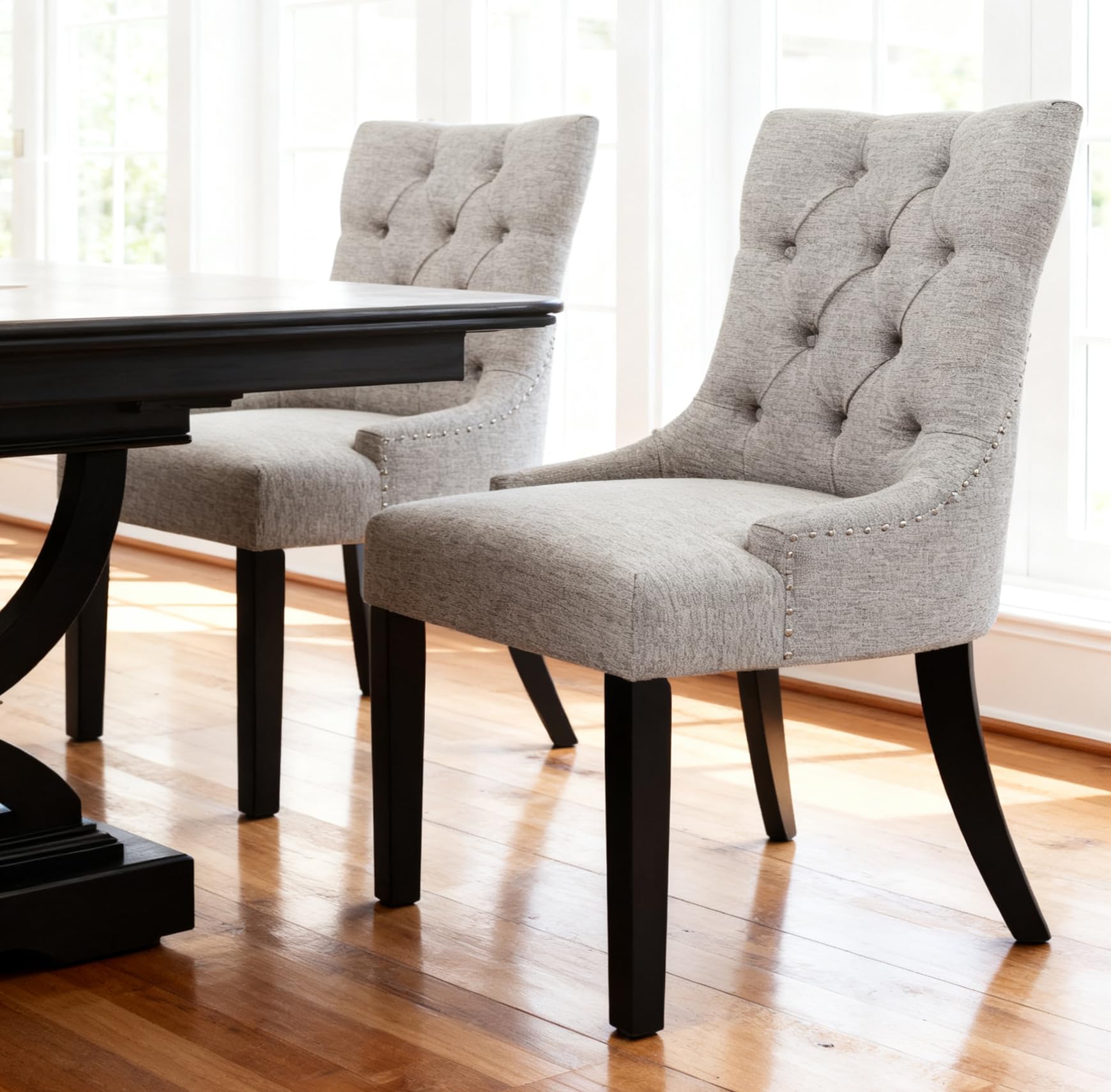 Dining Chair Set Of 2, Linen Upholstered Dining Chair With Wood Legs Wing Backrest Thick Cushions For Dining Room Living Room White