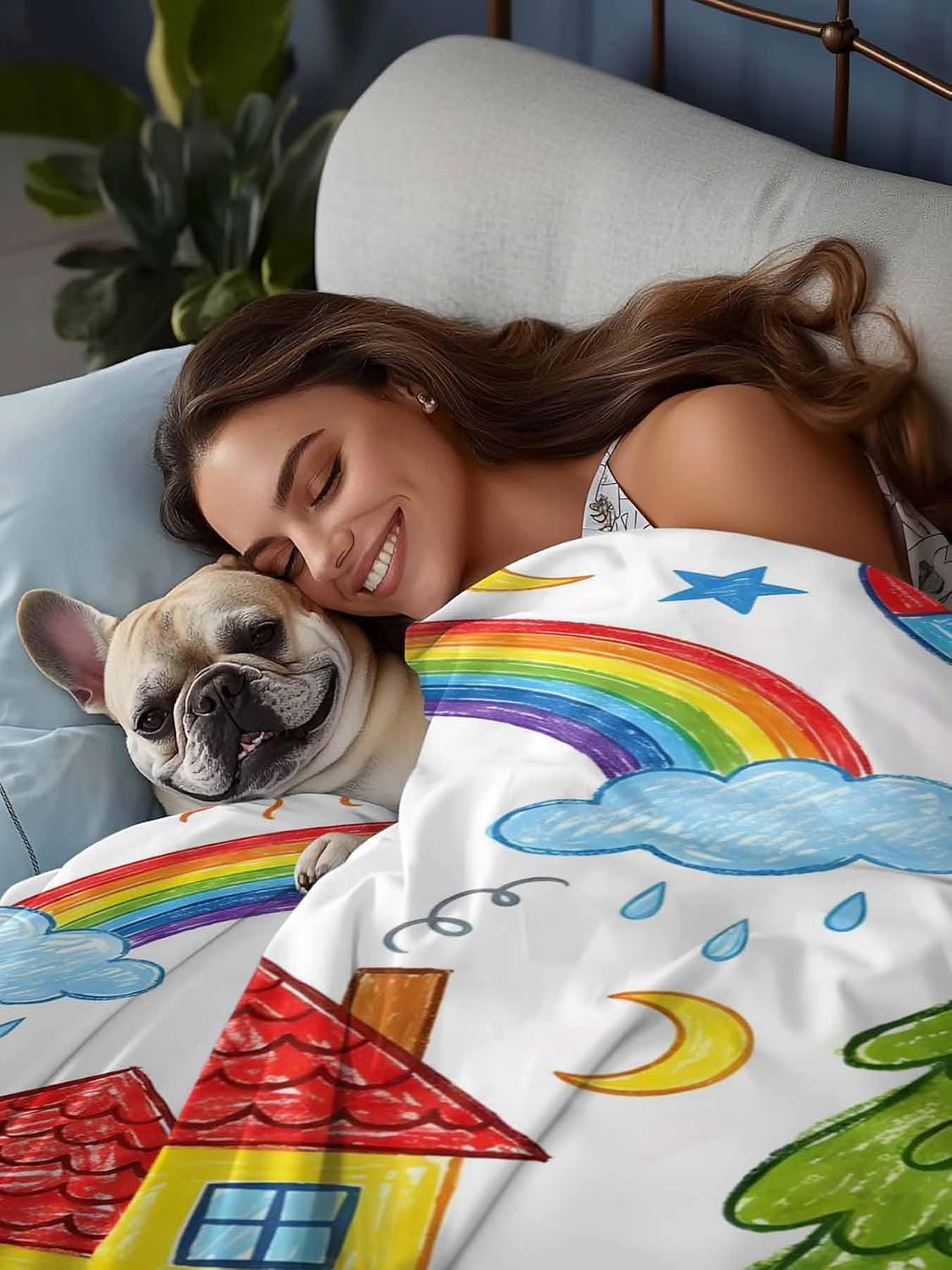 Full Flat Sheet, Children's Day Full Bed Sheets Only, Soft Microfiber Flat Sheet, Cartoon Painting Rainbow Rocket Butterfly Hotel Quality Bedding Top Sheet Bedroom Home Dorm Decor