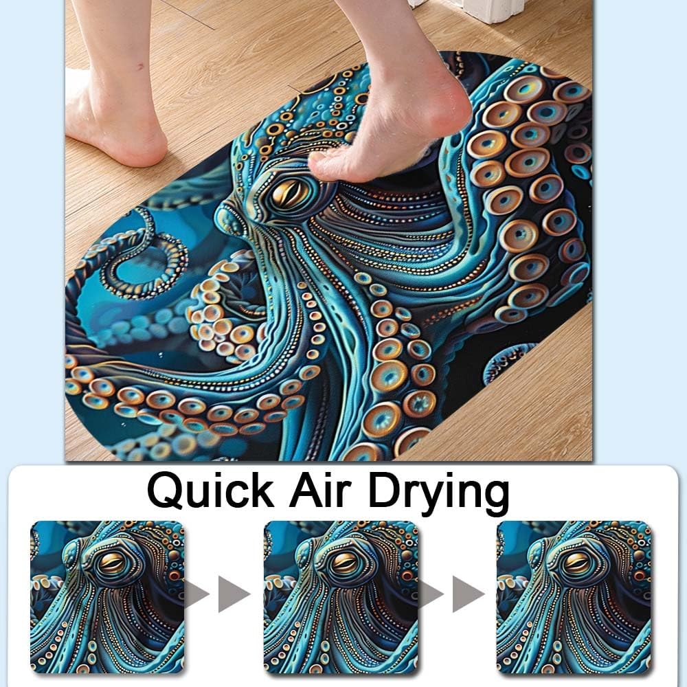 Blue Octopus, Super Absorbent Quick-Drying Bathroom Mat Rug, Rubber Non-Slip Bottoms, Easy to Clean,Ultra Thin Bathroom Rugs Fit Under Door and Bathtub(16×24Inch)