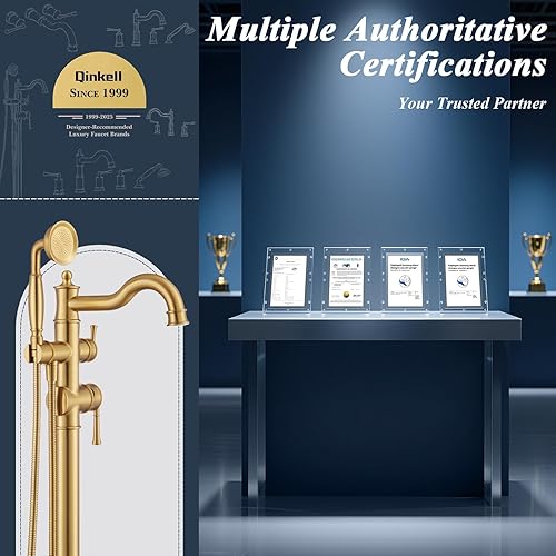 Miniatura 7 de Grifo de bañera independiente, relleno de bañera de cascada, montaje en suelo, grifos de baño de latón con ducha de mano