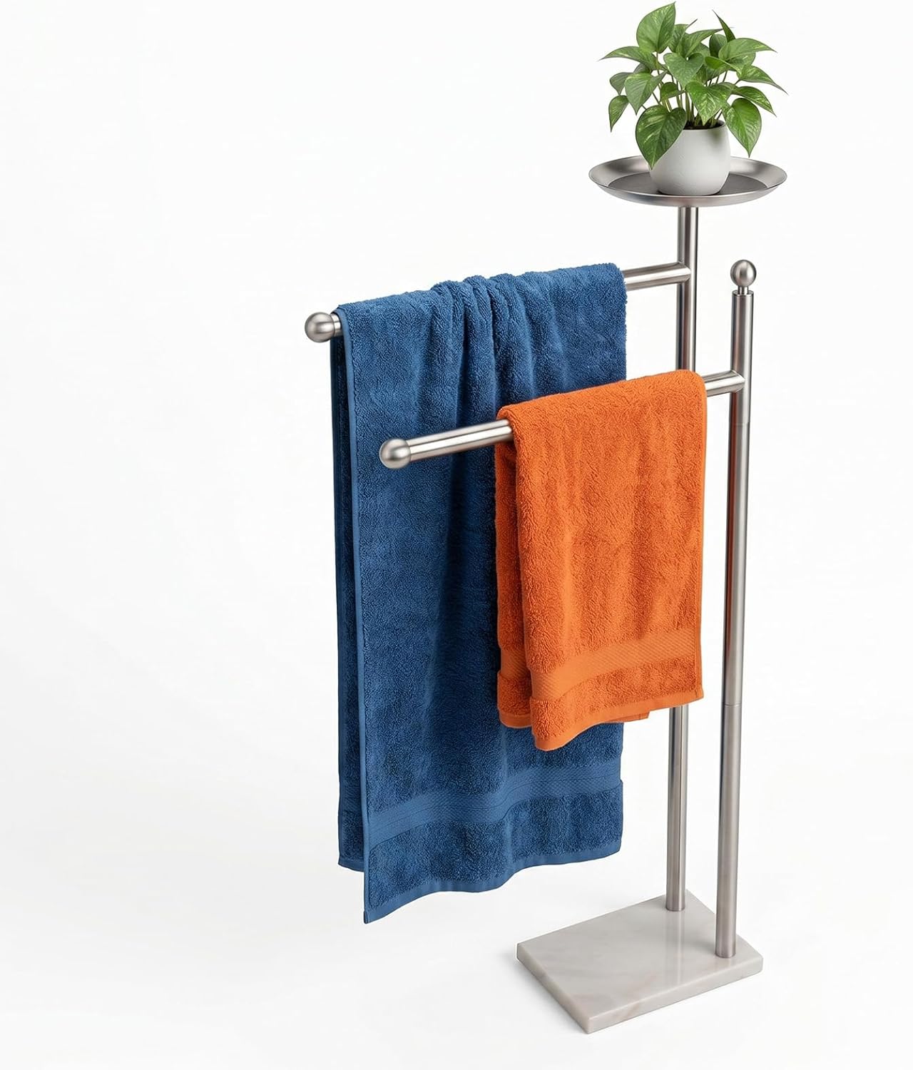 Songtec Bath Towel Rack Stand for Bathroom, 2-Tier Towel Holder Stand for Bath Towels Max to 68” & 60” Long, Practical Shelf on Top for Phone, Shampoo, Body Wash