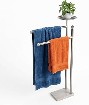 Songtec Bath Towel Rack Stand for Bathroom, 2-Tier Towel Holder Stand for Bath Towels Max to 68 & 60 Long, Practical Shelf on Top for Phone, Shampoo, Body Wash