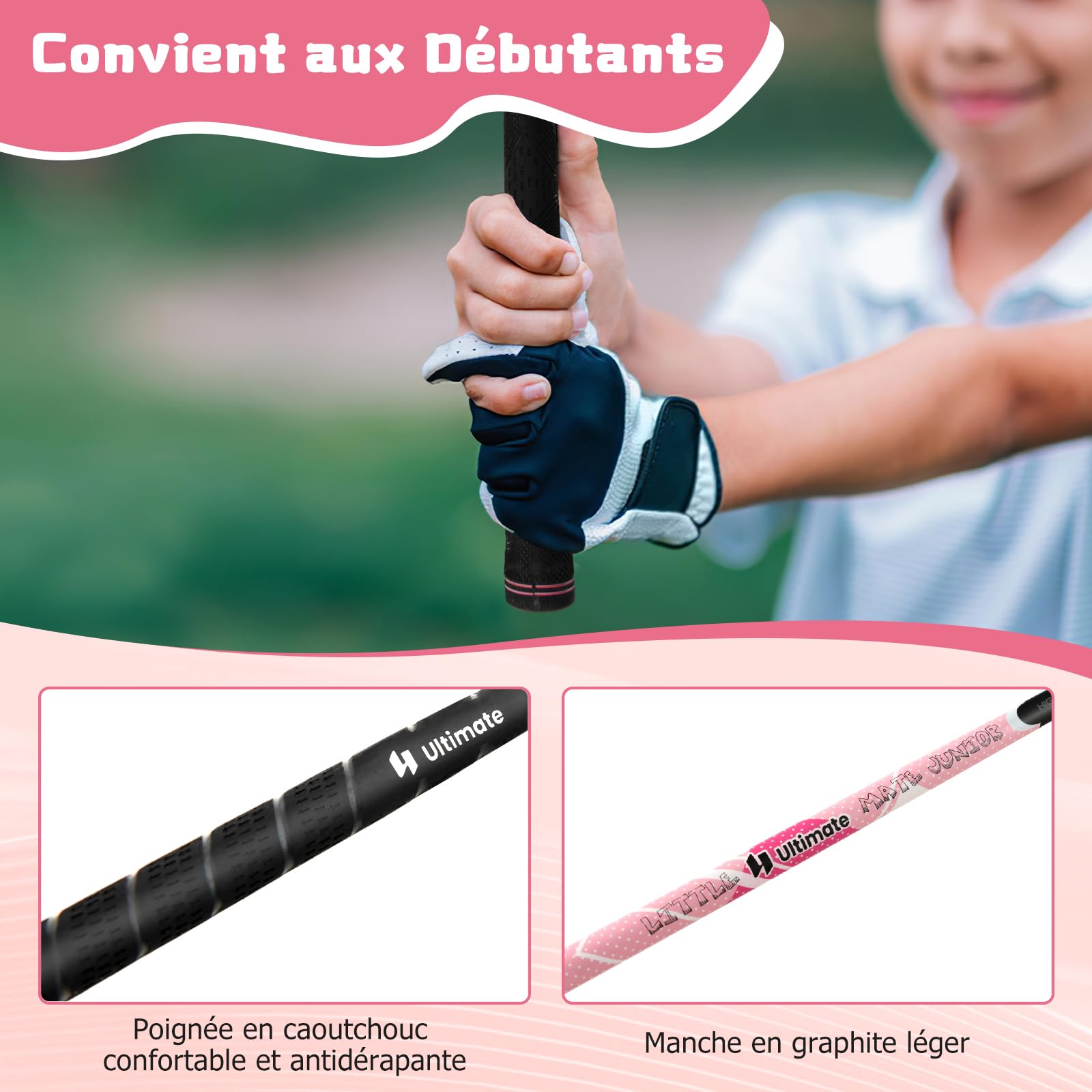 GYMAX Ensemble de Clubs de Golf pour Enfants, Sac de Golf avec Support Droit, Fairway n°3 avec Couvre-Club, Fers n°7 et #S, Putter, Capuche Anti-Pluie, pour Garçons et Filles 5 à 7 Ans