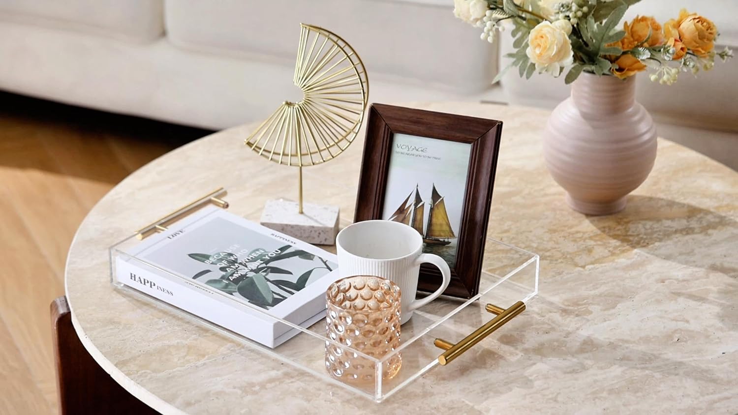 Clear Acrylic Serving Tray with Golden Handles 12"x16", Huge Capacity Sturdy Acrylic Tray for Coffee, Juice, Kitchen and Desk Organizer, Storage Tray