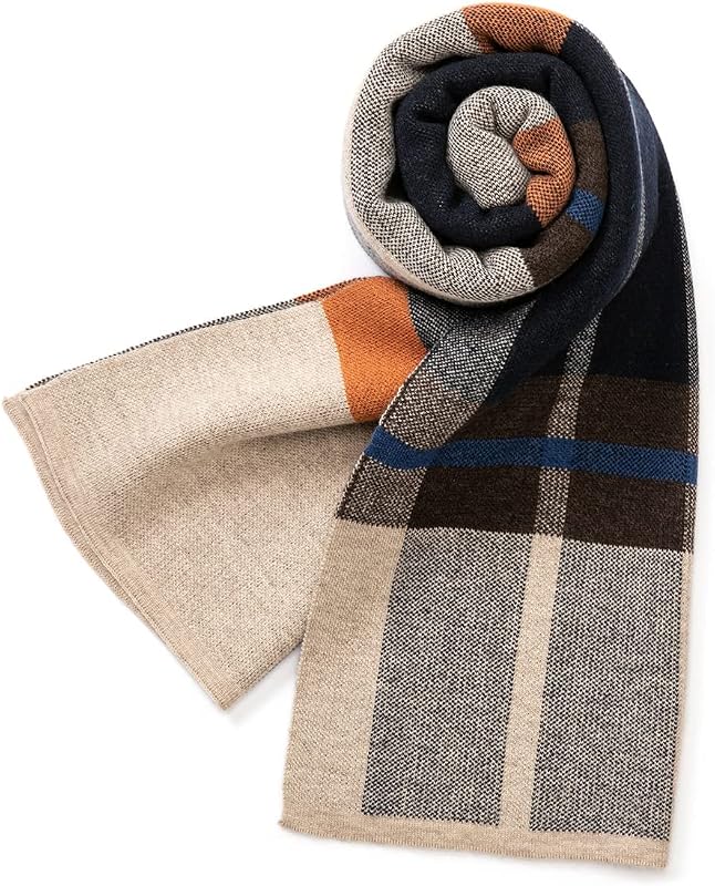 Australian Merino Wool Tartan Knitted Scarf for Men, Plaid Winter Warm Thick Soft Neckwear with Gift Box