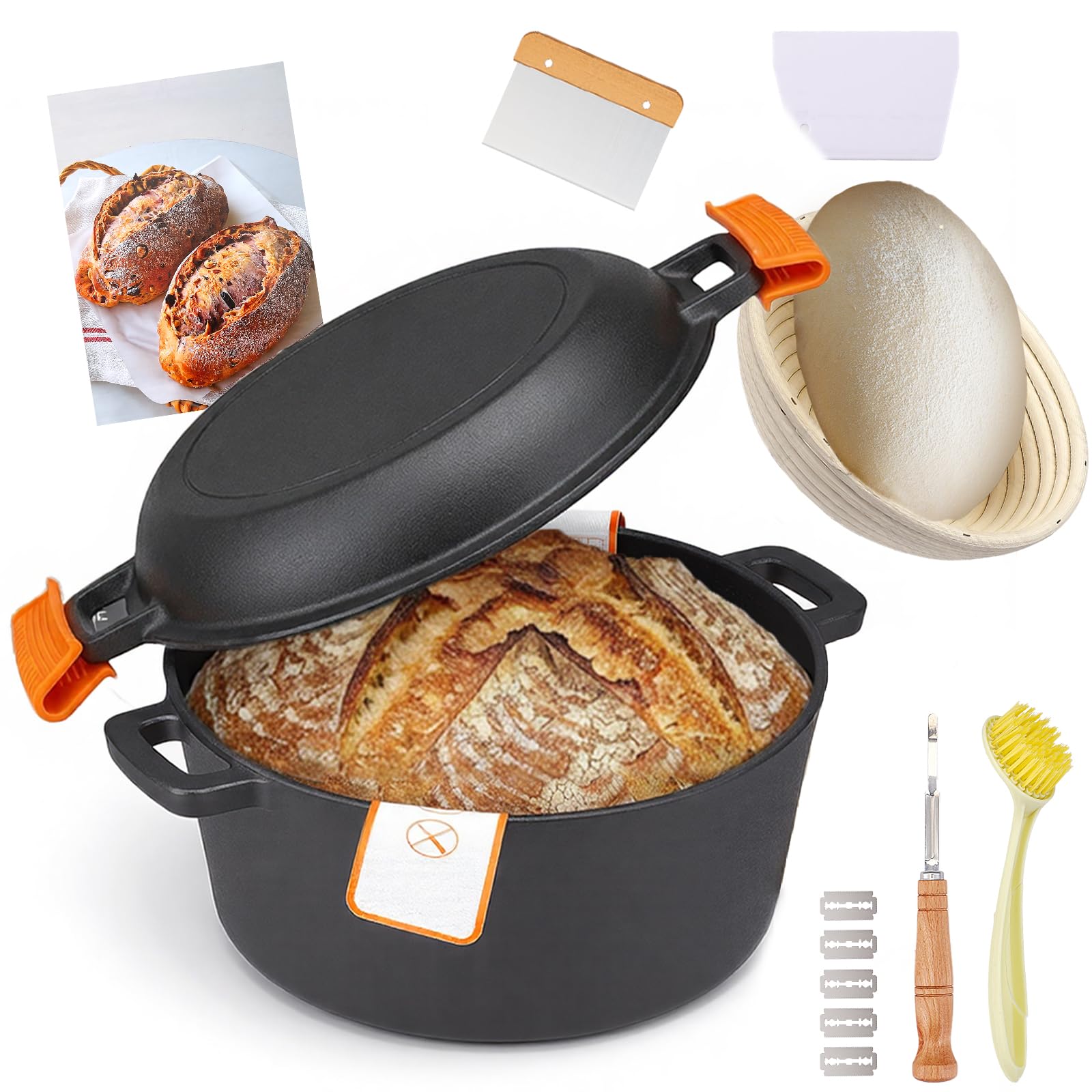 Gusseisen Topf Brot Backen für Brotbacken, 26cm Brotbackform mit Banneton Brot Gärkorb Sauerteig Brotbacken Zubehör, 2-in-1 Brotbacktopf mit Pfanne Deckel Kochen Pan