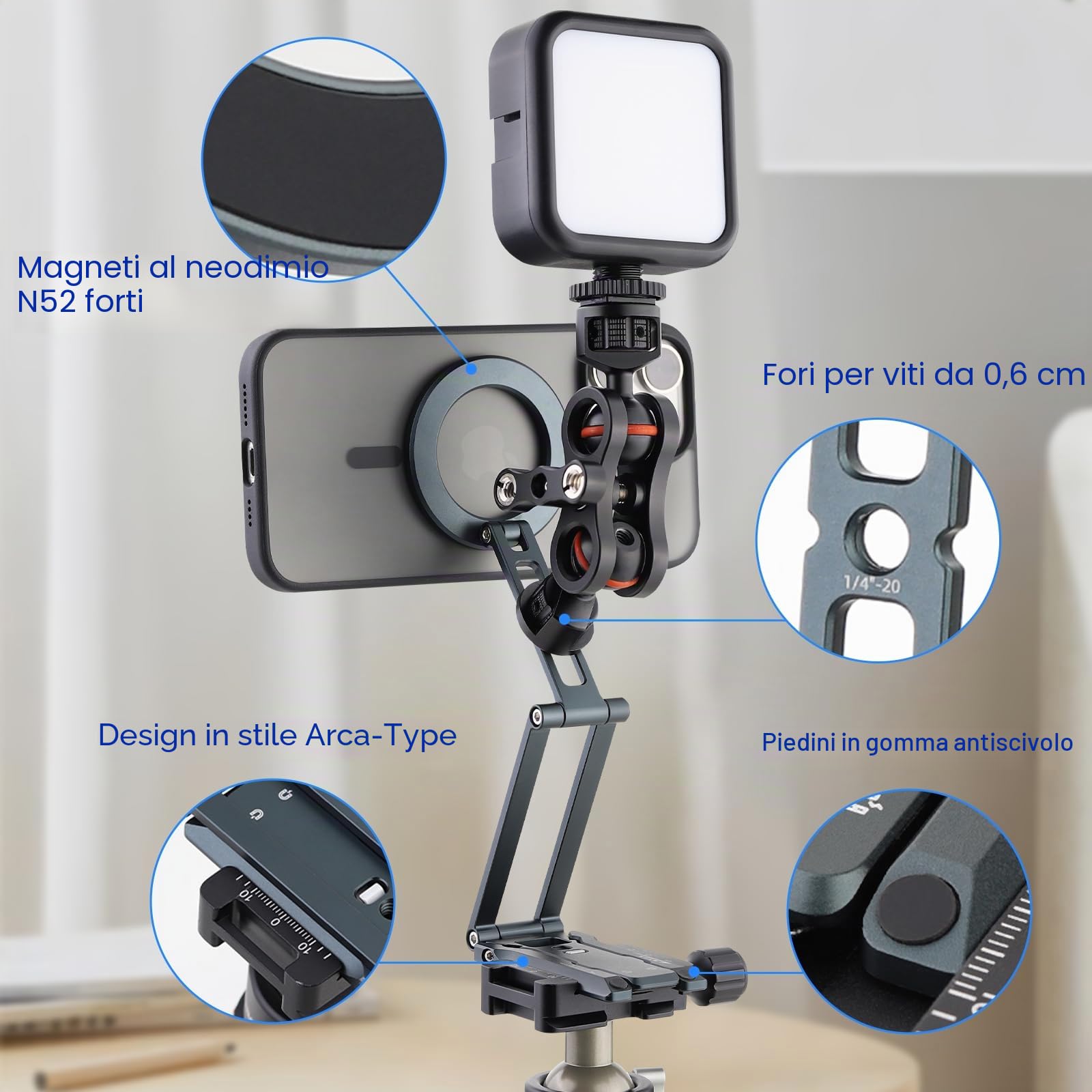 Leftfoto Supporto magnetico in metallo forte per telefono cellulare regolabile a 3 assi pieghevole mini treppiede da scrivania compatibile con iPhone 16/15 Pro Max/14 Pro/13/12/custodie MagSafe o