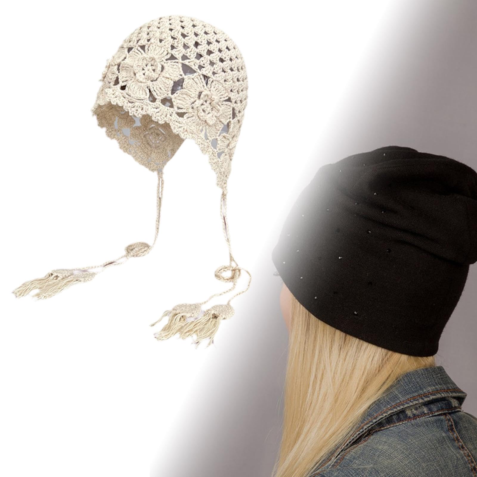 Gehäkelte Beanie-Mütze, bequeme gestrickte Blumenmütze für Frauen auf
