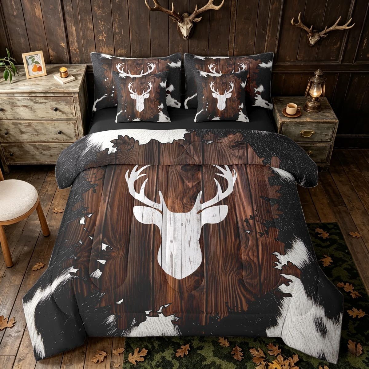 Erosebridal Fur Print Deer White Brown Black King 7-Piece Comforter Set