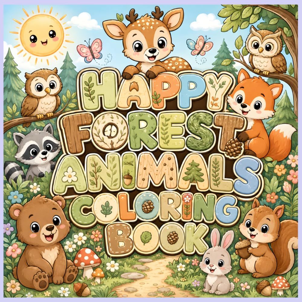 Happy Forest Animals Coloring Book: Fun and Easy Coloring Pages for Toddlers and Kids Ages 3–7 Featuring Deer, Fox, Bear, Rabbit, Squirrel, Raccoon, Owl, Beaver, Wolf, Hedgehog and More