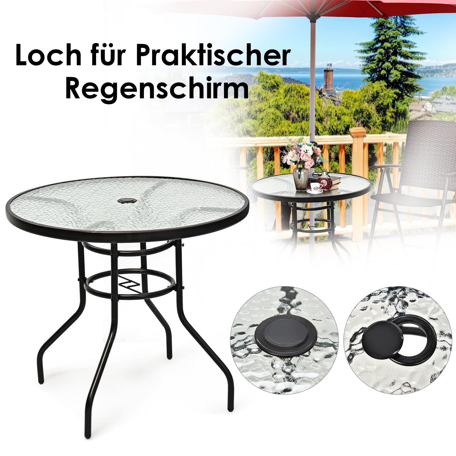 GOPLUS Gartentisch mit Schirmloch, Balkontisch mit Glasplatte & Metallrahmen, Terrassentisch Beistelltisch Bistrotisch Glastisch Esstisch für Garten & Terrasse (Rund)