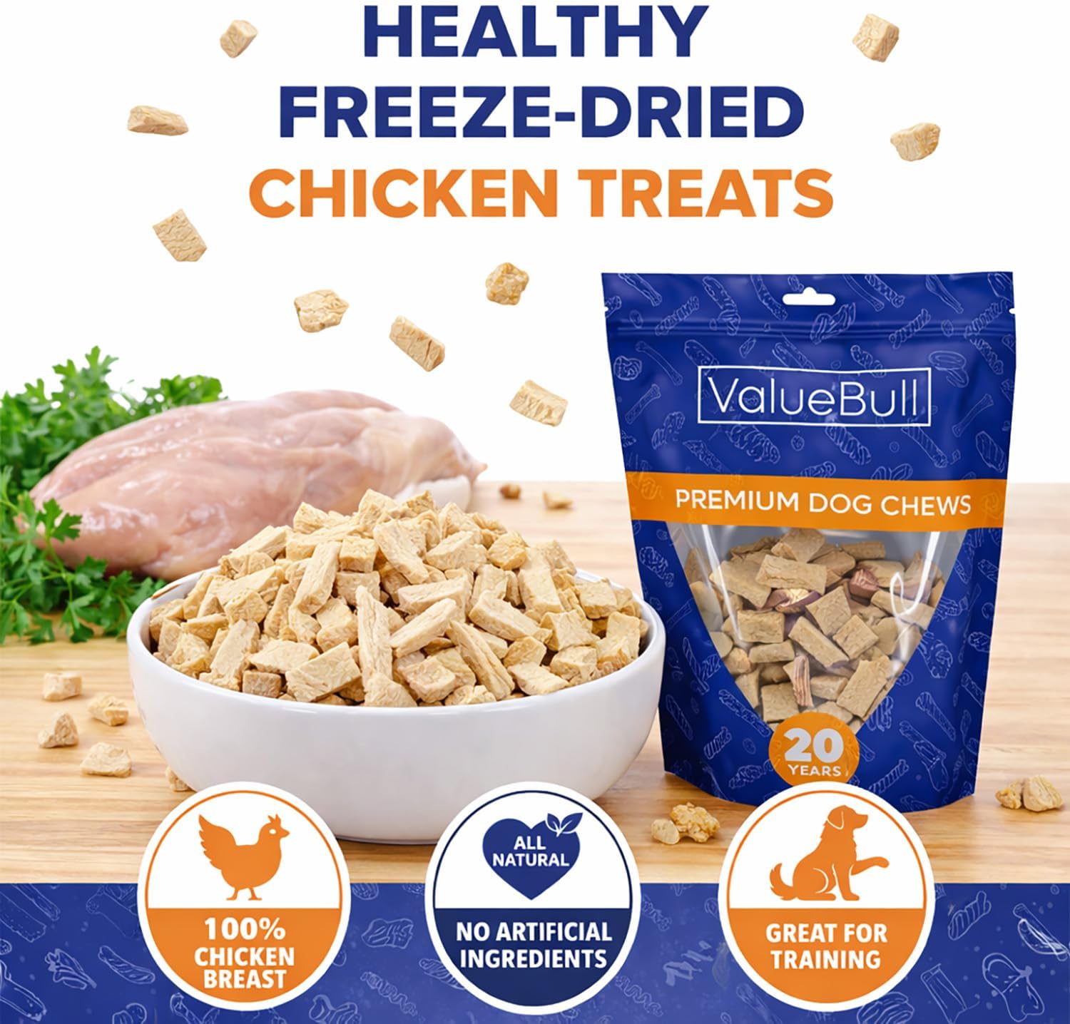 ValueBull USA Freeze Dried Chicken Breast, 2 Pound - Protein-Rich Training & Reward Treats with No Fillers or Additives