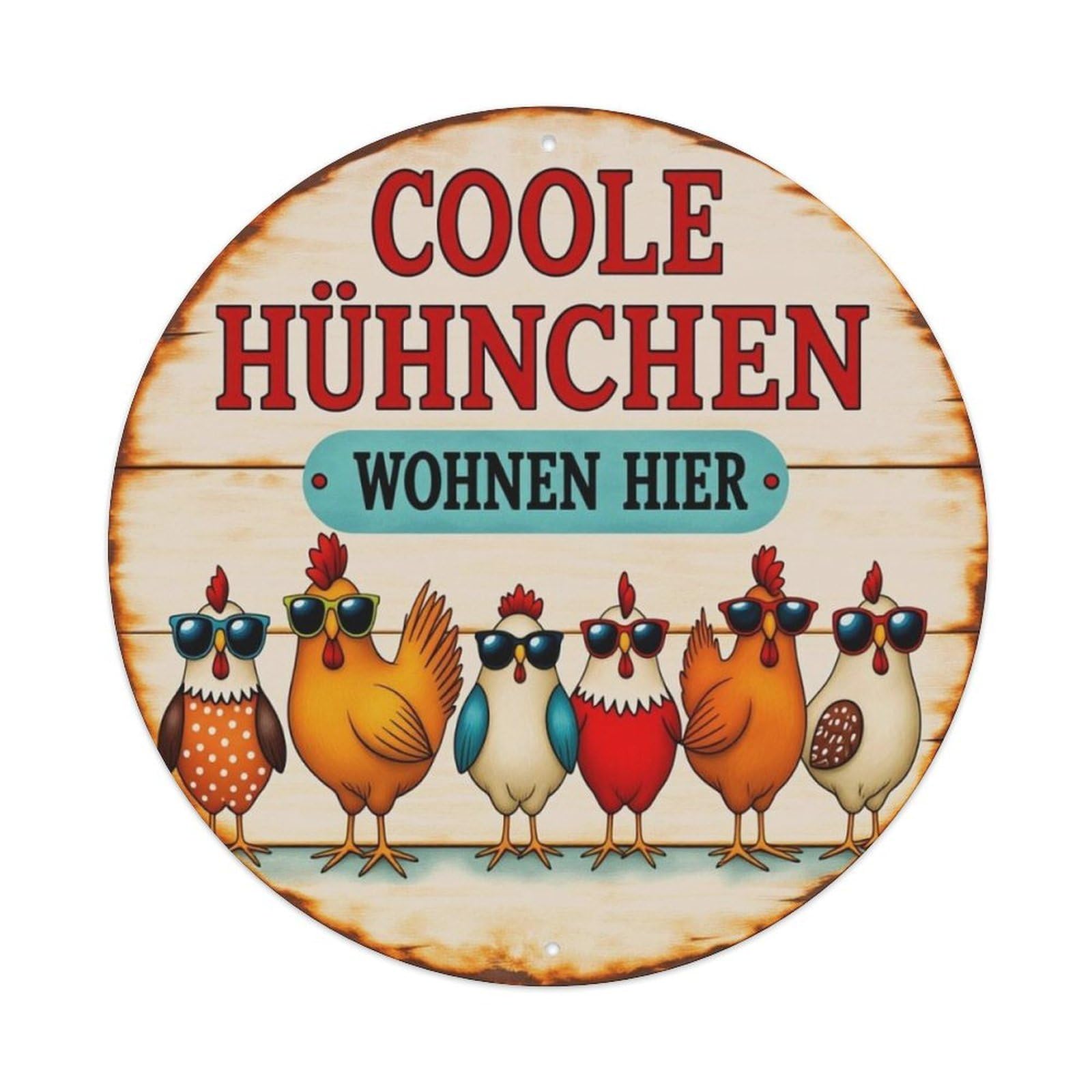 German Cool Sunglass Chickens Farm Wooden Texture Round Tin Sign Vintage Aluminium Metal Sign, Retro Wall Decor for Home, Bar, Garage & Farmhouse 20x20cm