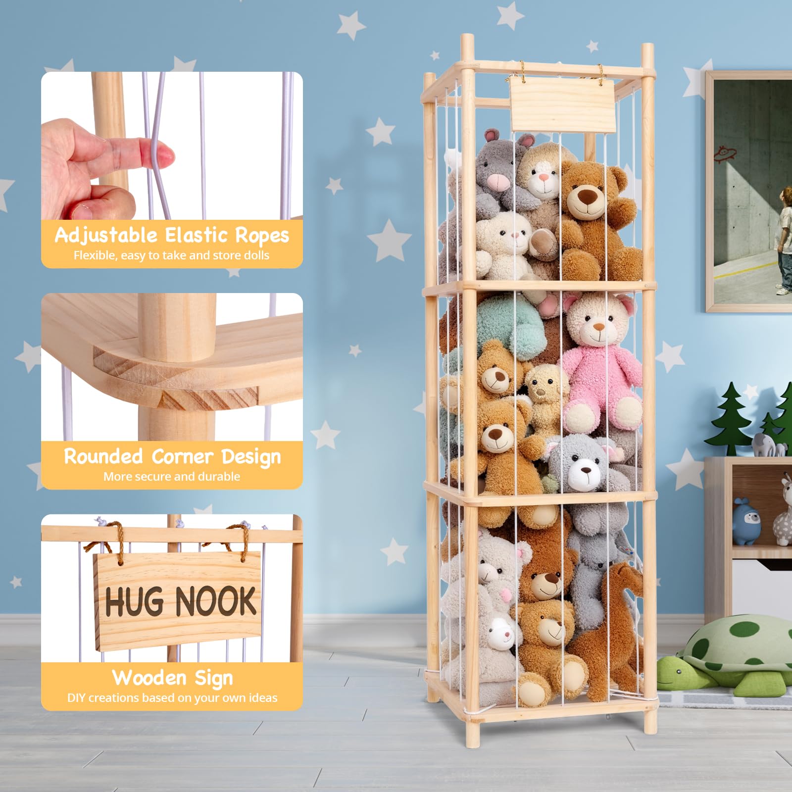 Rangement Peluche, Organisateur à Peluches en Bois, Organisateur de Rangement Gain de Place pour Jouets, Range Peluche pour Salle de Jeu, Chambre à Coucher, Décoration Intérieure