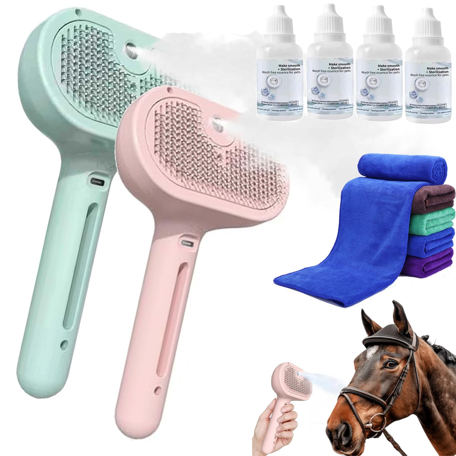 Horse Steam Brush 2E Generation, Horse Brushes for Grooming, 3-in-1 Self-Cleaning Steam Pet Brush for Shedding, Rechargeable Pet Spray Hair Removal