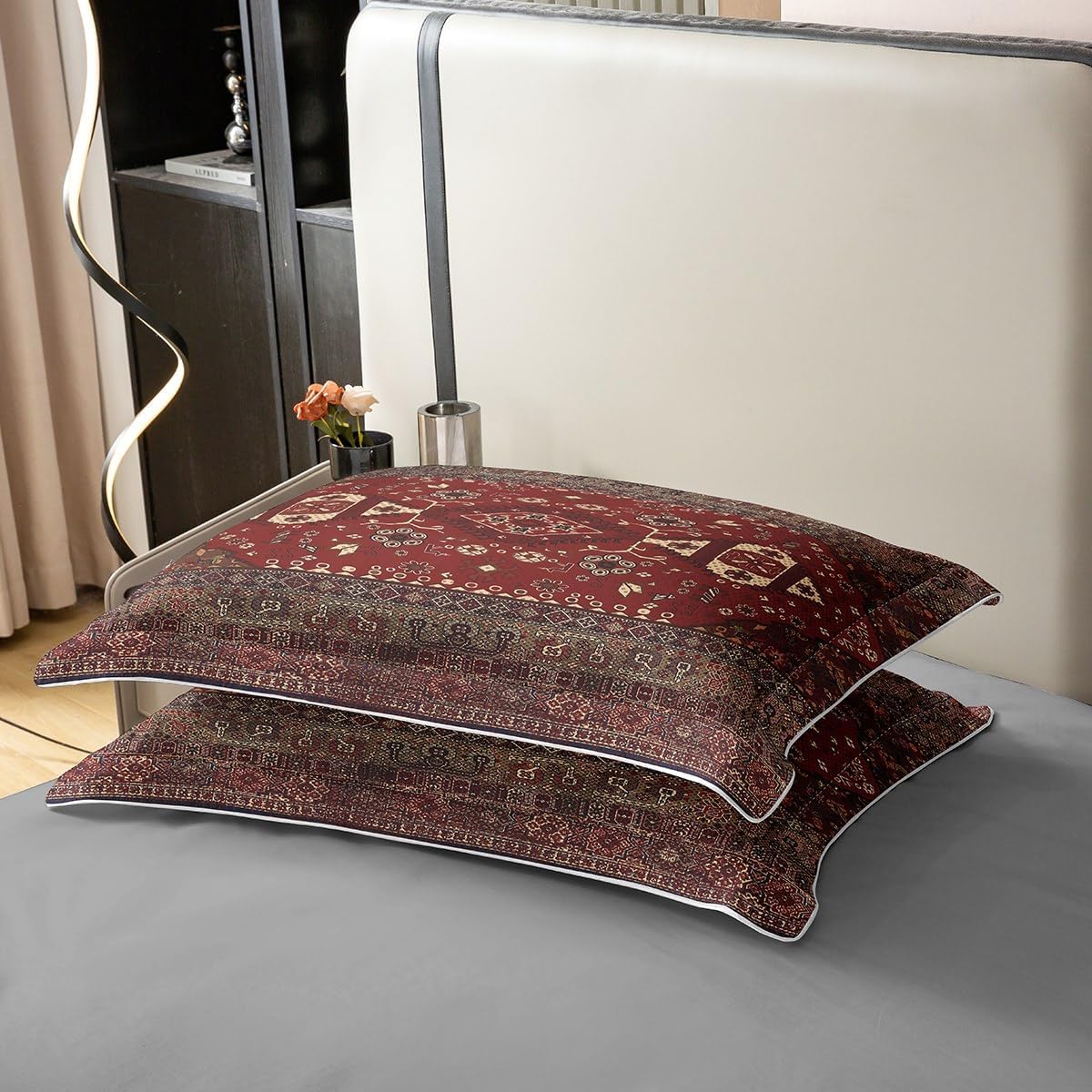 Boho Tribal 100% Cotton Duvet Cover King, Retro Exotic Bedding Set, Vintage Lattice Bohemian Comforter Cover, Dark Red Antique Grid Damask Inspired Medallion Egyptian Quilt Cover