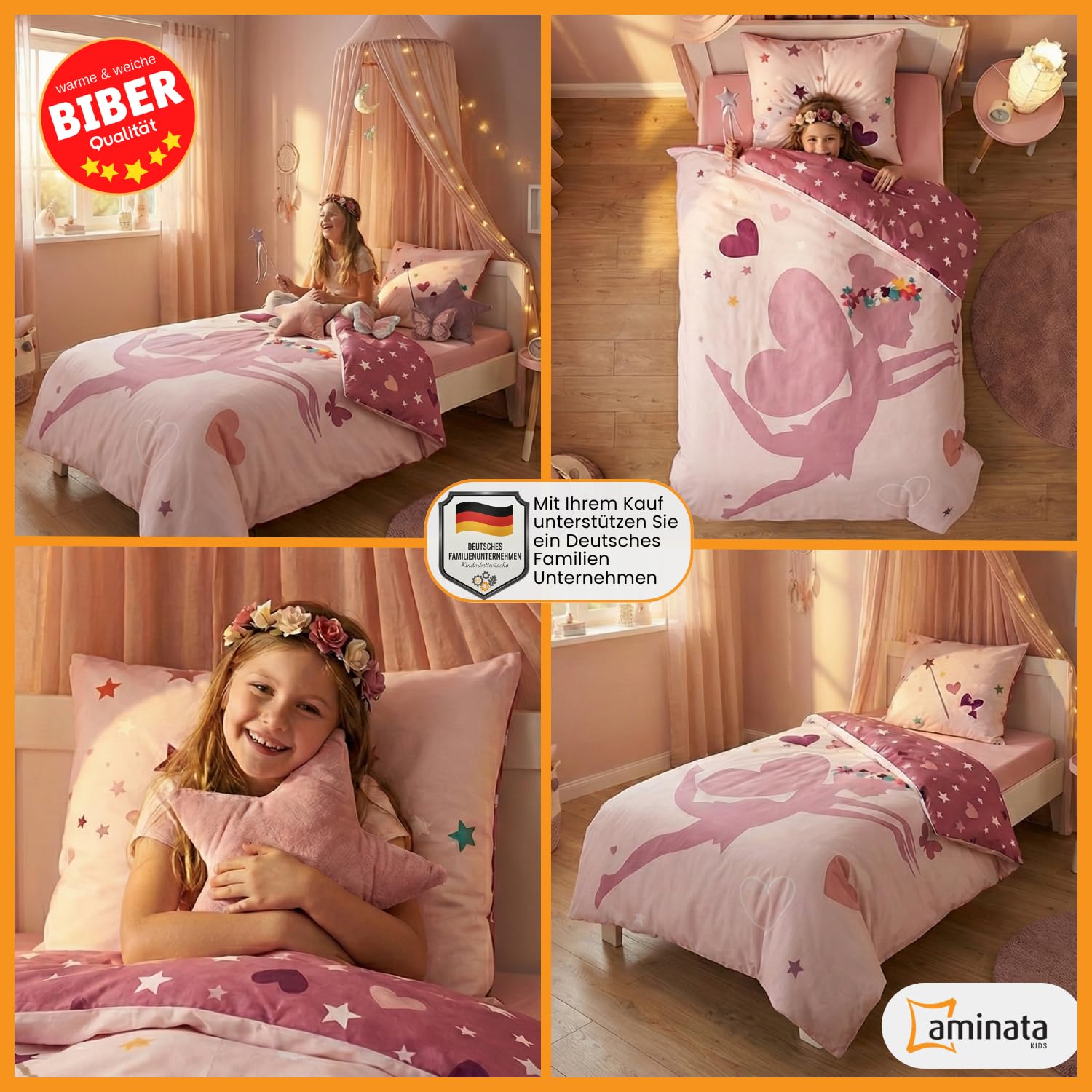 Aminata kids Biber Bettwäsche 135x200 Mädchen Fee 100% Baumwolle Feen-Motiv, Reißverschluss warm & kuschelig, Winter Wende-Bettwäsche-Set