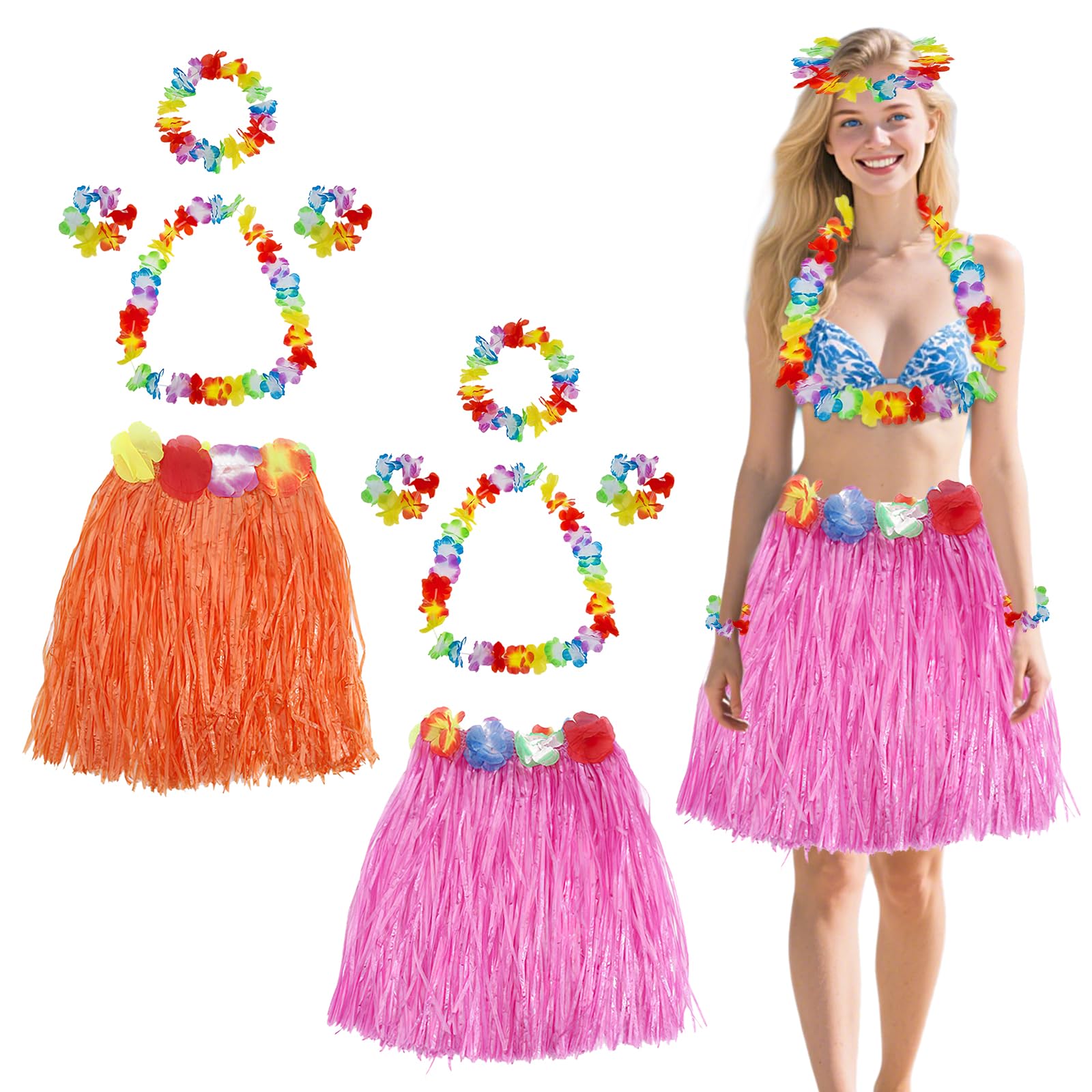 10Pcs Hawaiian Leis Hula Grass Skirt Set,Include 2 Luau Grass Skirts+2 Flower Leis Necklace+4 Bracelet+2 Headband,Fancy Dress Costume for Women and Teens Tropical Luau Party Decoration (Pink+Orange)