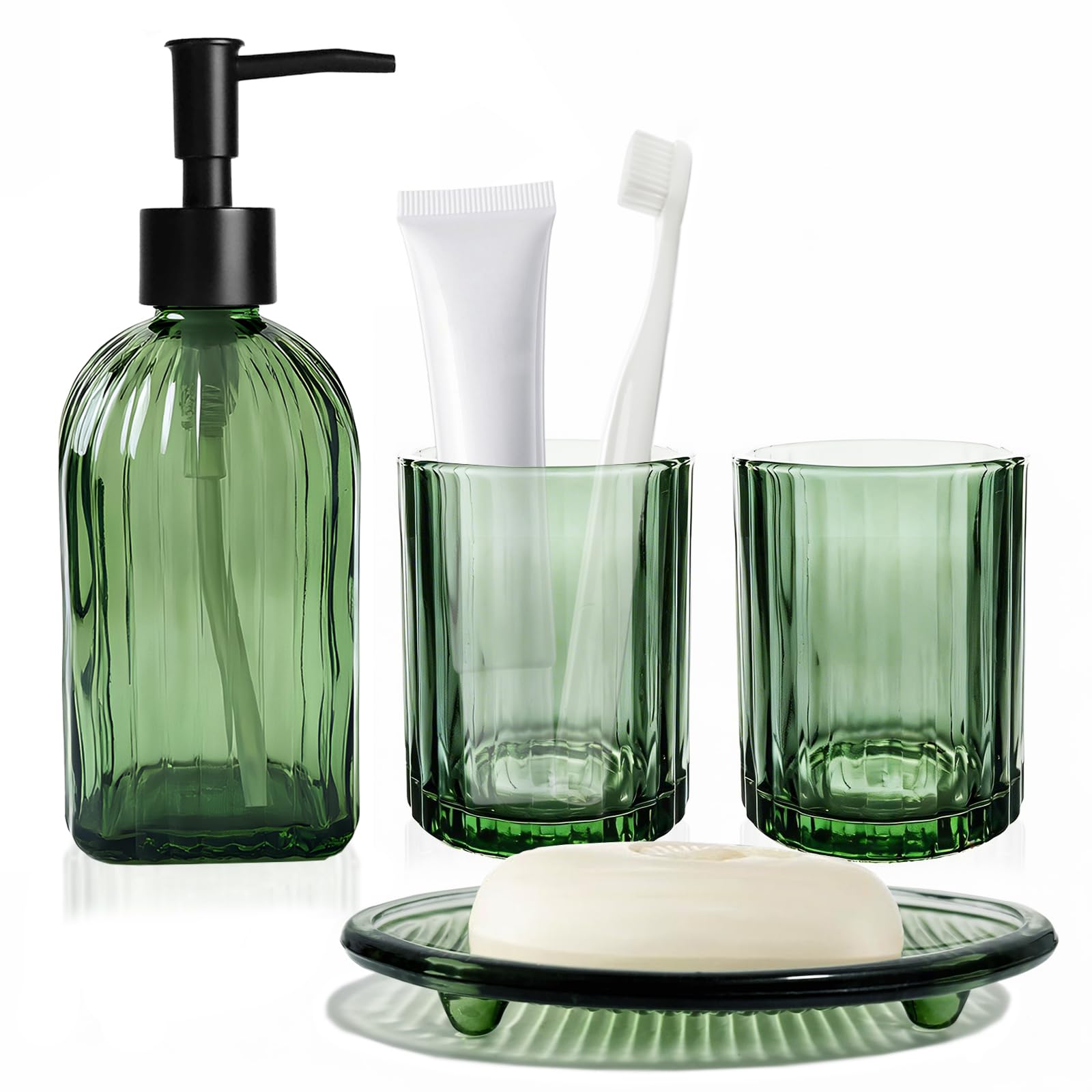 Lot de 4 accessoires de salle de bain modernes – Distributeur de savon, porte-savon, gobelet et porte-brosse à dents, distributeur de savon en verre pour salle de bain, évier, coiffeuse (vert)