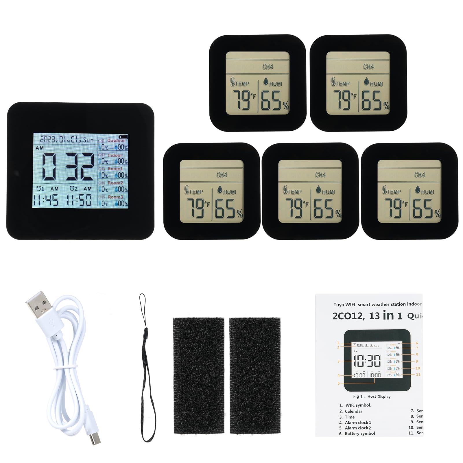 Digitales Hygrometer, Innen- und Außenthermometer, 13-in-1, multifunktionales kabelloses Temperaturmessgerät für den Heimgebrauch (5 Pcs Sensors)