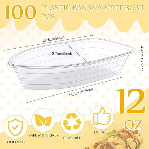 Miniatura 2 de Rtteri 100 platos de plátano divididos de 12 onzas desechables para helados, cuencos de plástico PET transparente, bandeja para platos de fiesta,